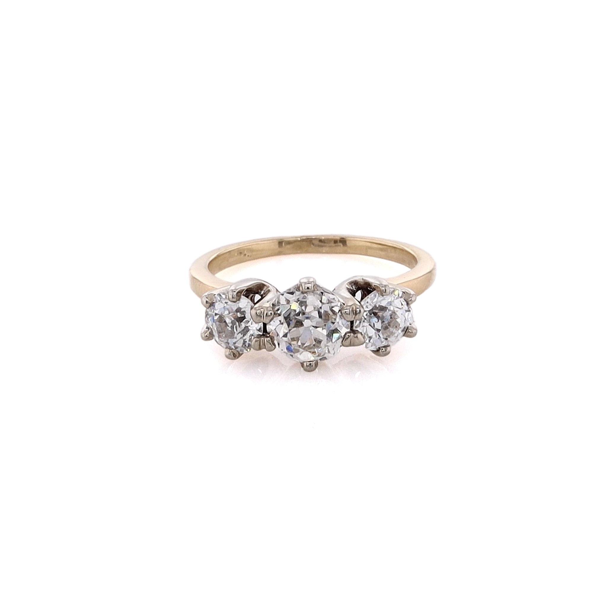 Exquisite Estate 14 Karat Two-Tone White and Yellow Gold Three-Across Diamond Engagement Ring