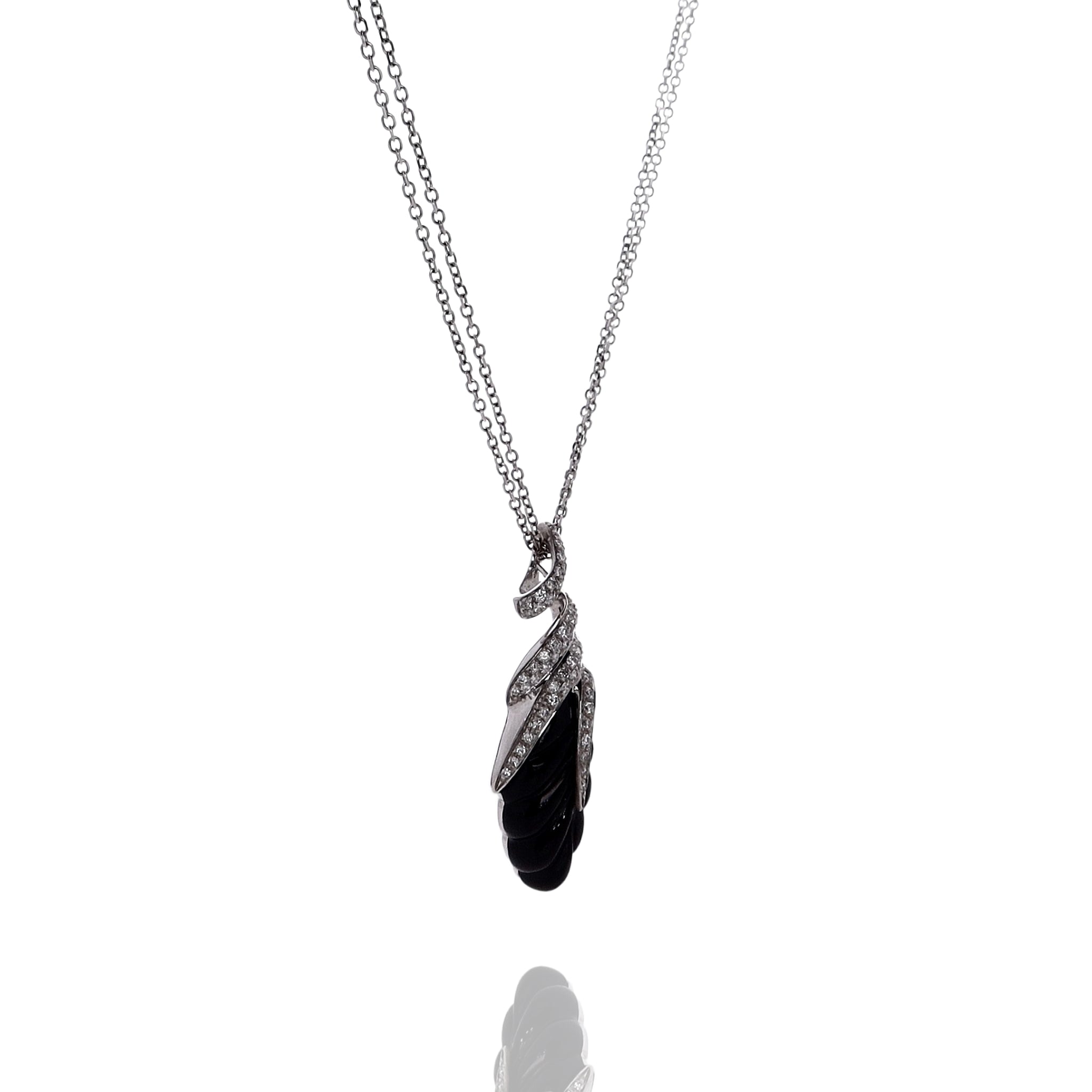 Exquisite 18k White Gold Hand - Carved Onyx Leaf and Diamond Adorned Double - Chain Pendant Necklace for Women