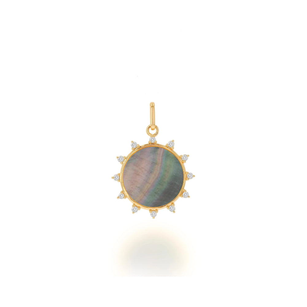 14k Yellow Gold Rachel Reid Diamond and Grey Mother of Pearl Sun-Shaped Charm