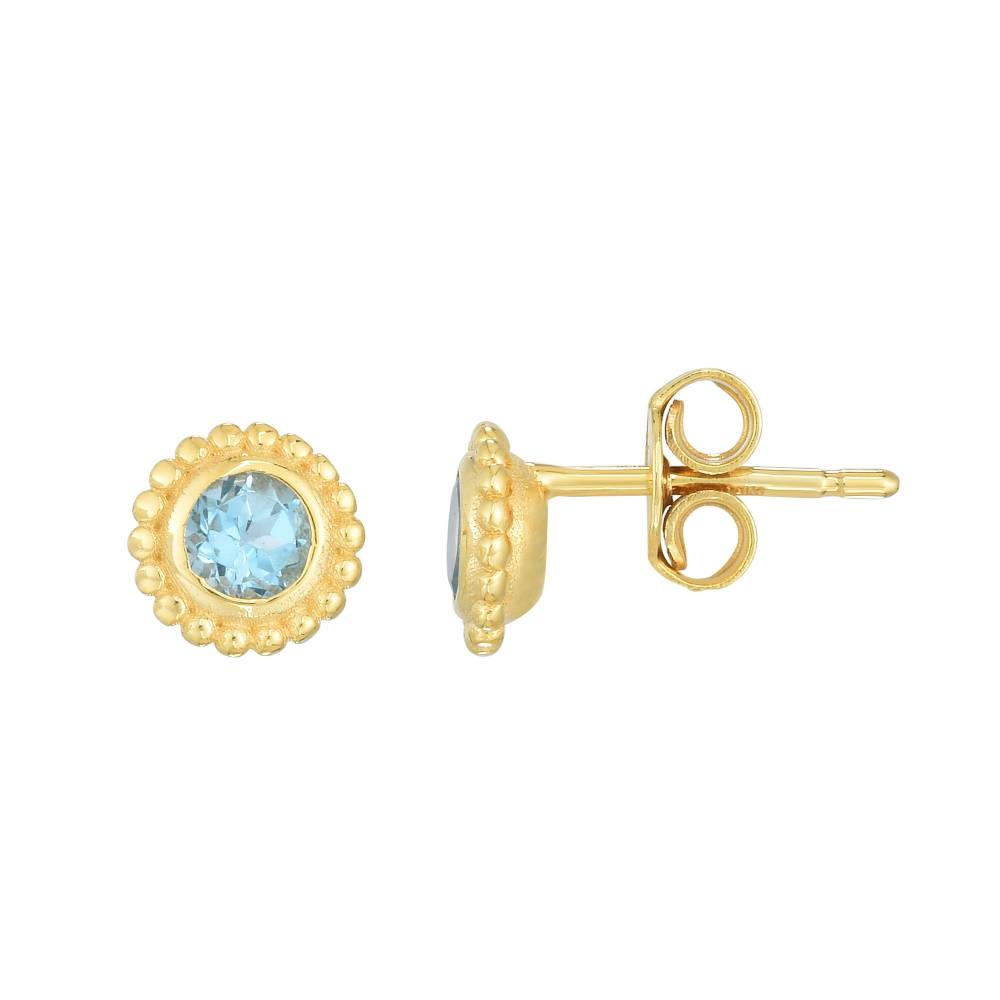 14k Yellow Gold Beaded Edge Stud Earrings Featuring 4mm Round Swiss Blue Topaz Gemstones