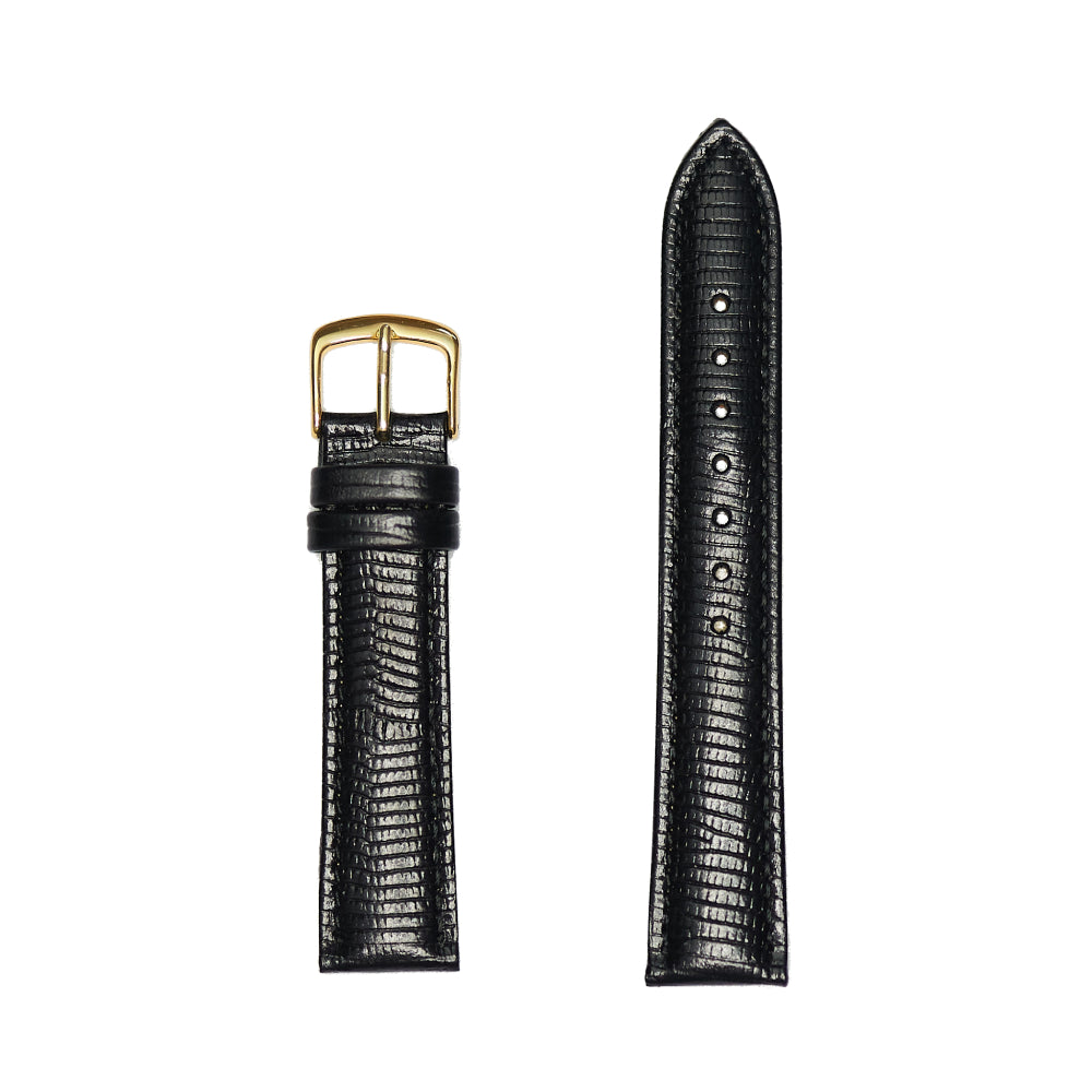 Black Men's Gold Buckle Genuine Lizard Grain Padded Leather Watch Band