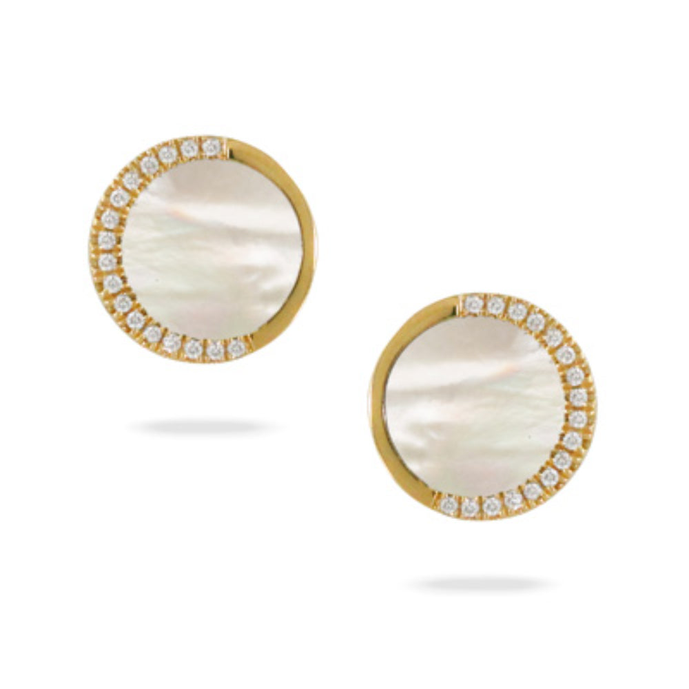 14k Yellow Gold Stud Earrings with 0.76 cts Mother of Pearl and 0.07 cts Diamonds, 10 MM Size