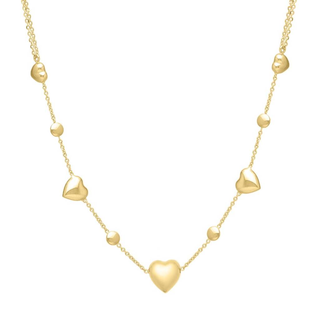 14k Yellow Gold Puffed Heart Station Necklace with Adjustable 16 - 17 Inches Length