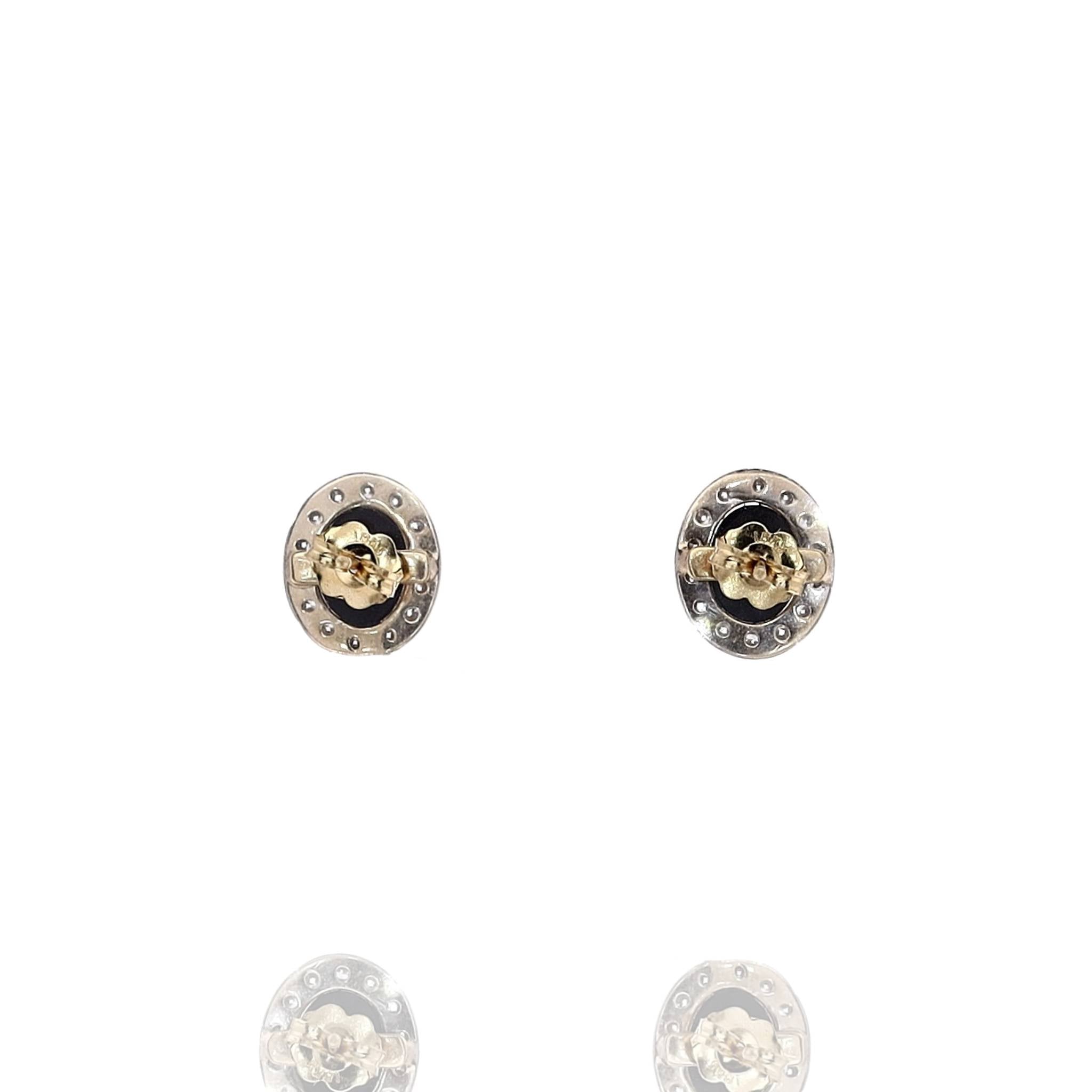 18k Two-Tone Estate Oval Black Chalcedony Stud Earrings with Diamonds