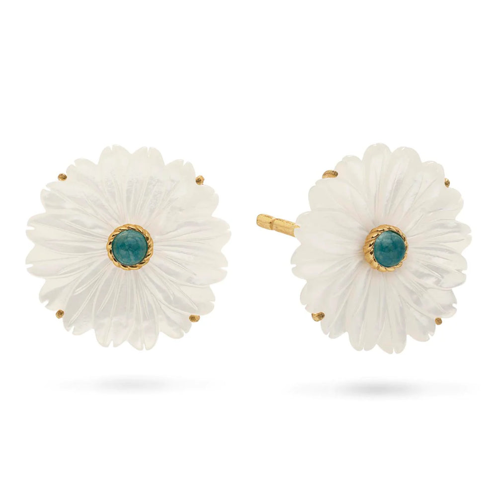 Exquisite Capucine de Wulf Mermaid Garden Flower-Inspired Stud Earrings Crafted from Mother of Pearl and Ocean Jade