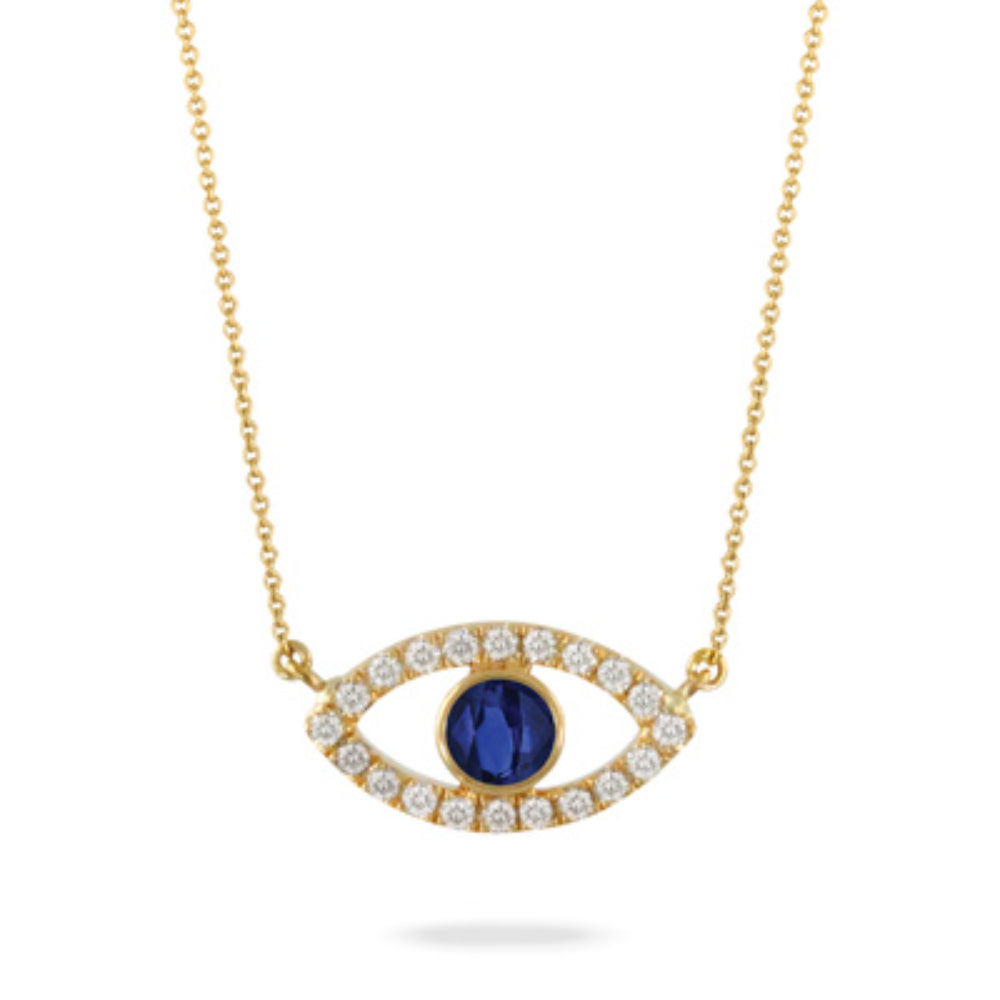 18k Yellow Gold Evil Eye Pendant Embellished with Sapphires and Diamonds