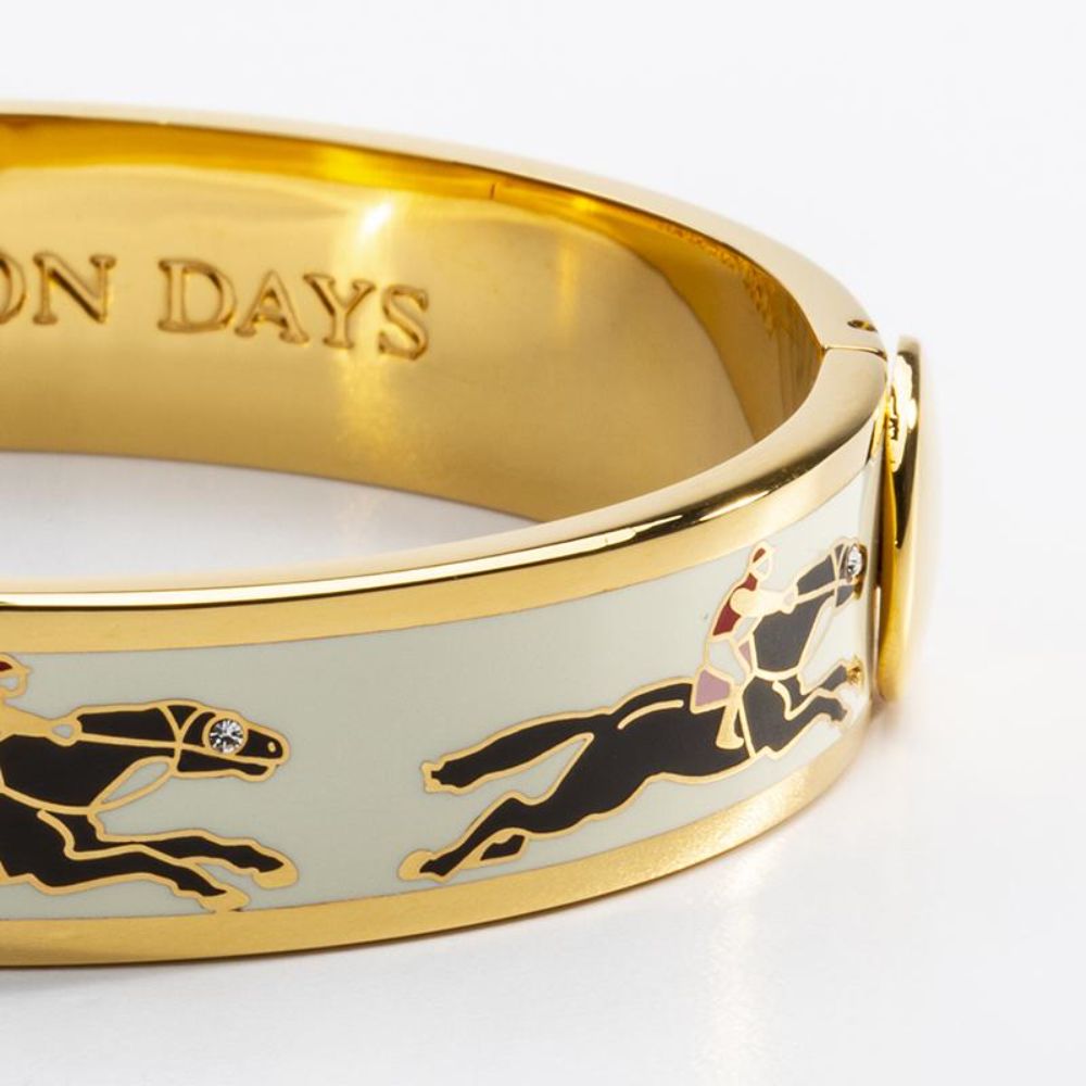 Halcyon Days 13mm Gold - Plated Hinged Enamel Bangle Featuring Race Horse Design, Ideal Jewelry for Equestrian Lovers