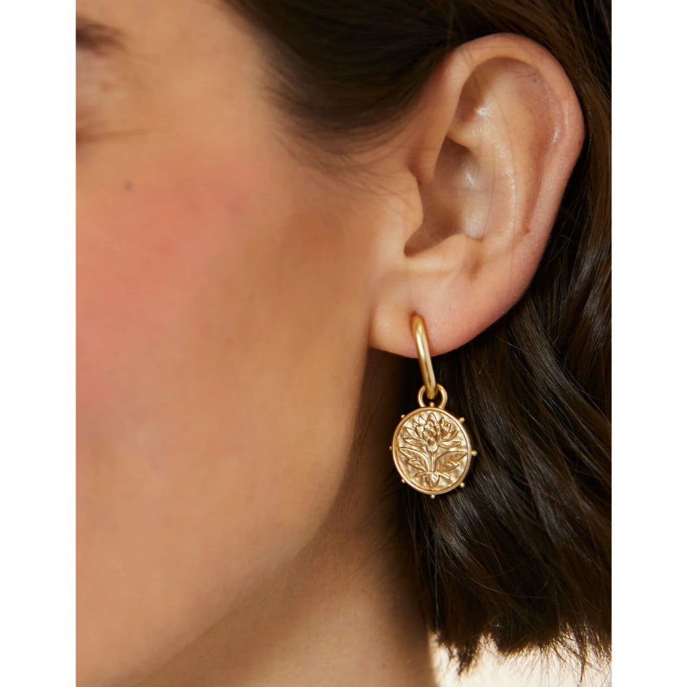 18kt Matte Gold Plated Spartina Lotus Drop Hoop Earrings with Dual Styles