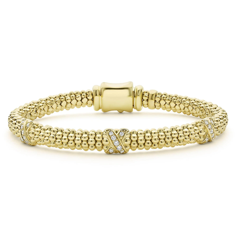 Lagos Embrace Luxury 18k Gold Three Station Diamond X Caviar Beaded Bracelet, 6mm Width