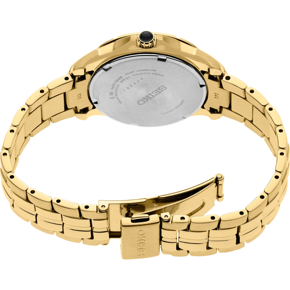 Seiko Ladies 34mm Gold-Tone Coutura Quartz Watch with White MOP Dial