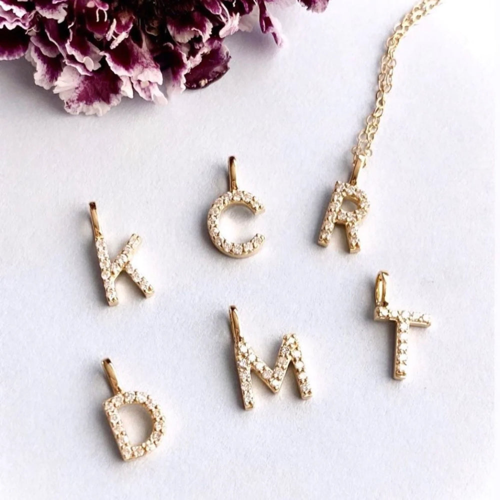 14k Yellow Gold Personalized Round Diamond Letter Charm by Rachel Reid