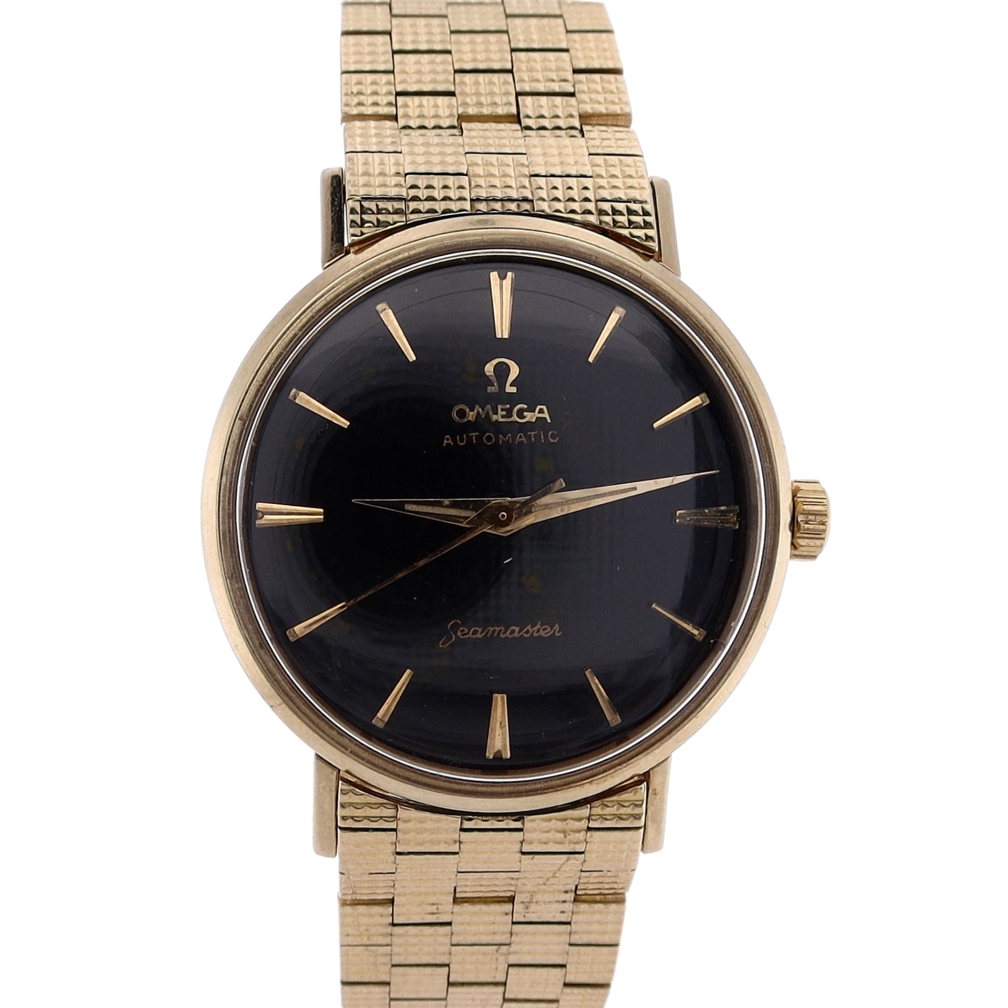 Vintage Omega 14K Yellow Gold Gents Automatic Seamaster with Black Dial and Textured Bracelet