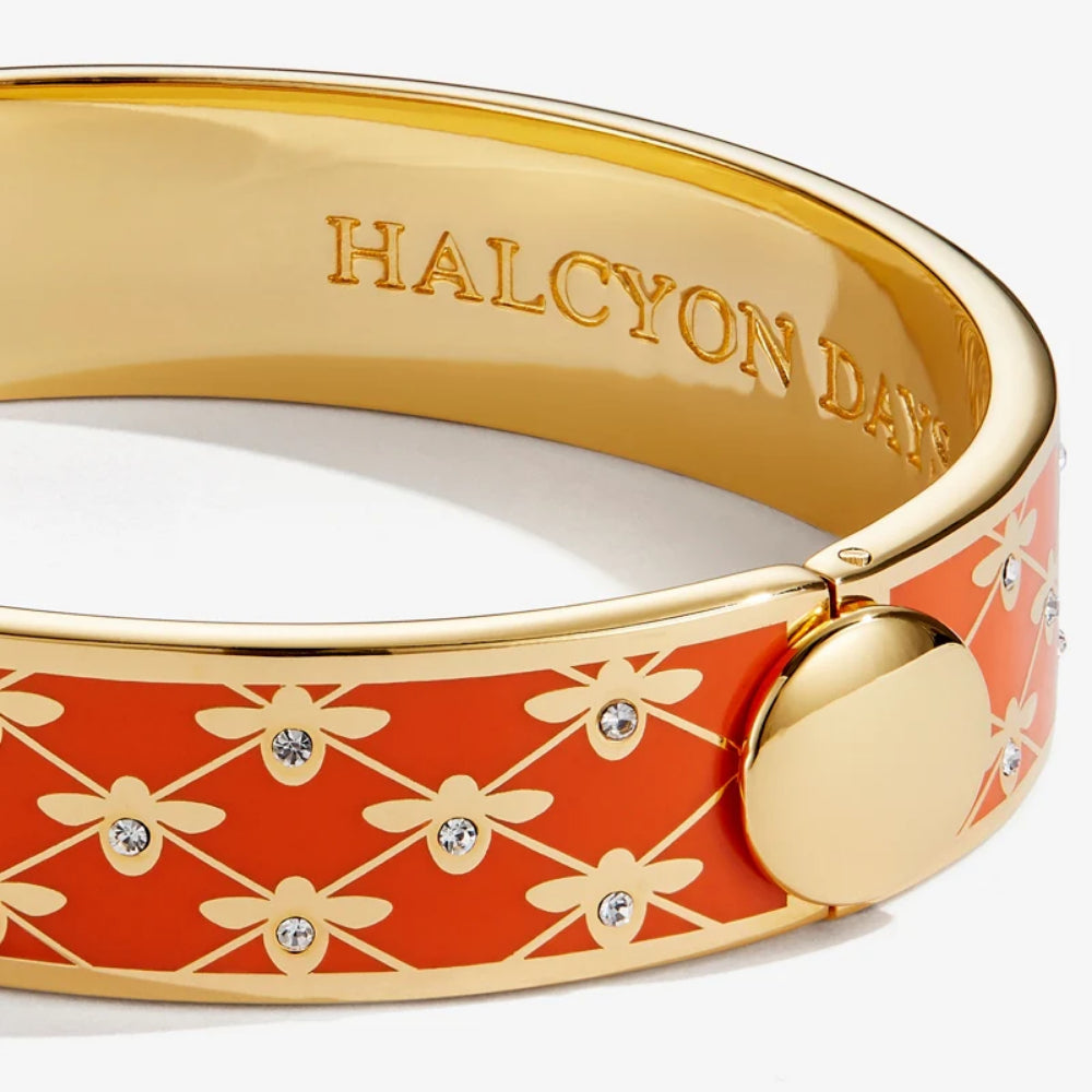 Halcyon Days 13mm Gold - Plated Enamel Hinged Bee Sparkle Trellis Design Jewelry Bangle