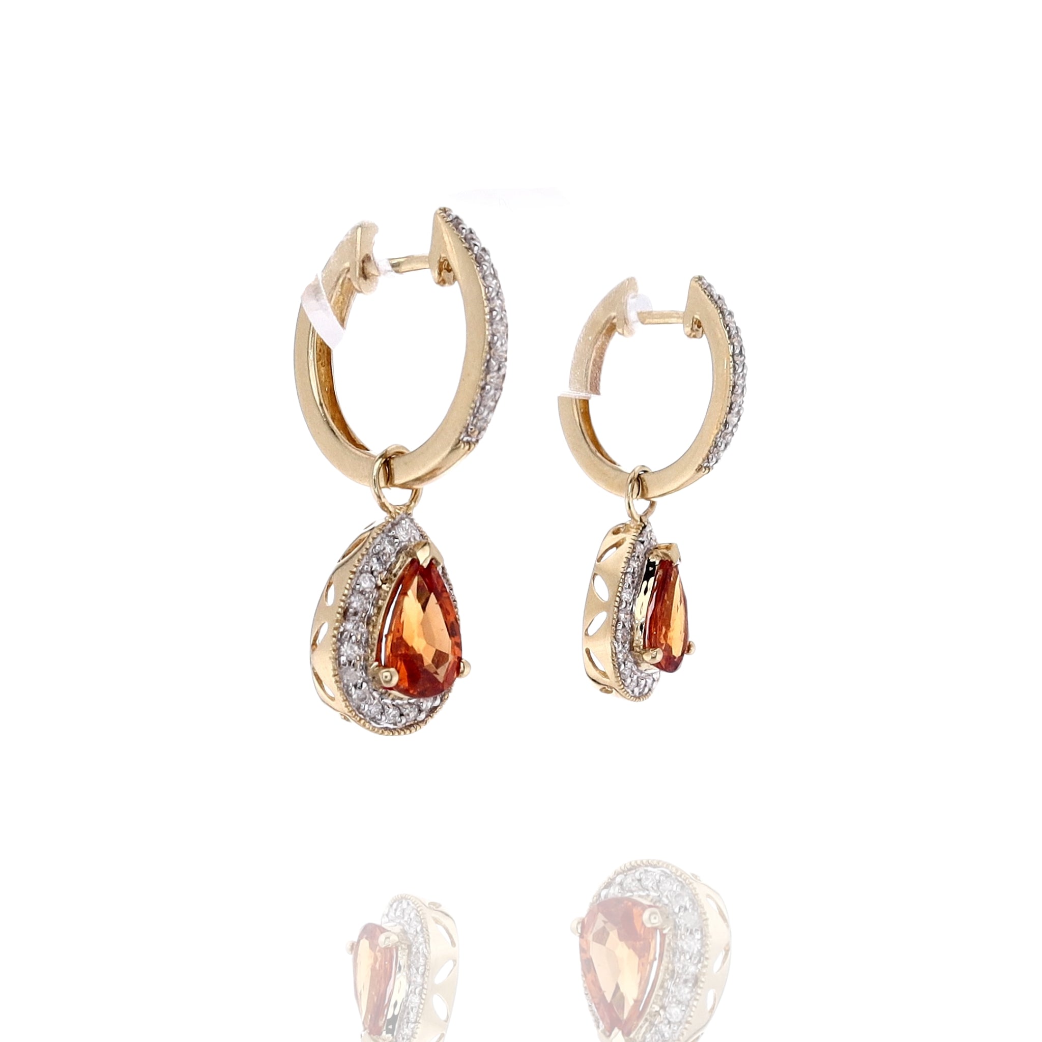 14k Yellow Gold Estate Orange Garnet and Diamond Dangle Hoop Earrings - Exquisite Jewelry Piece