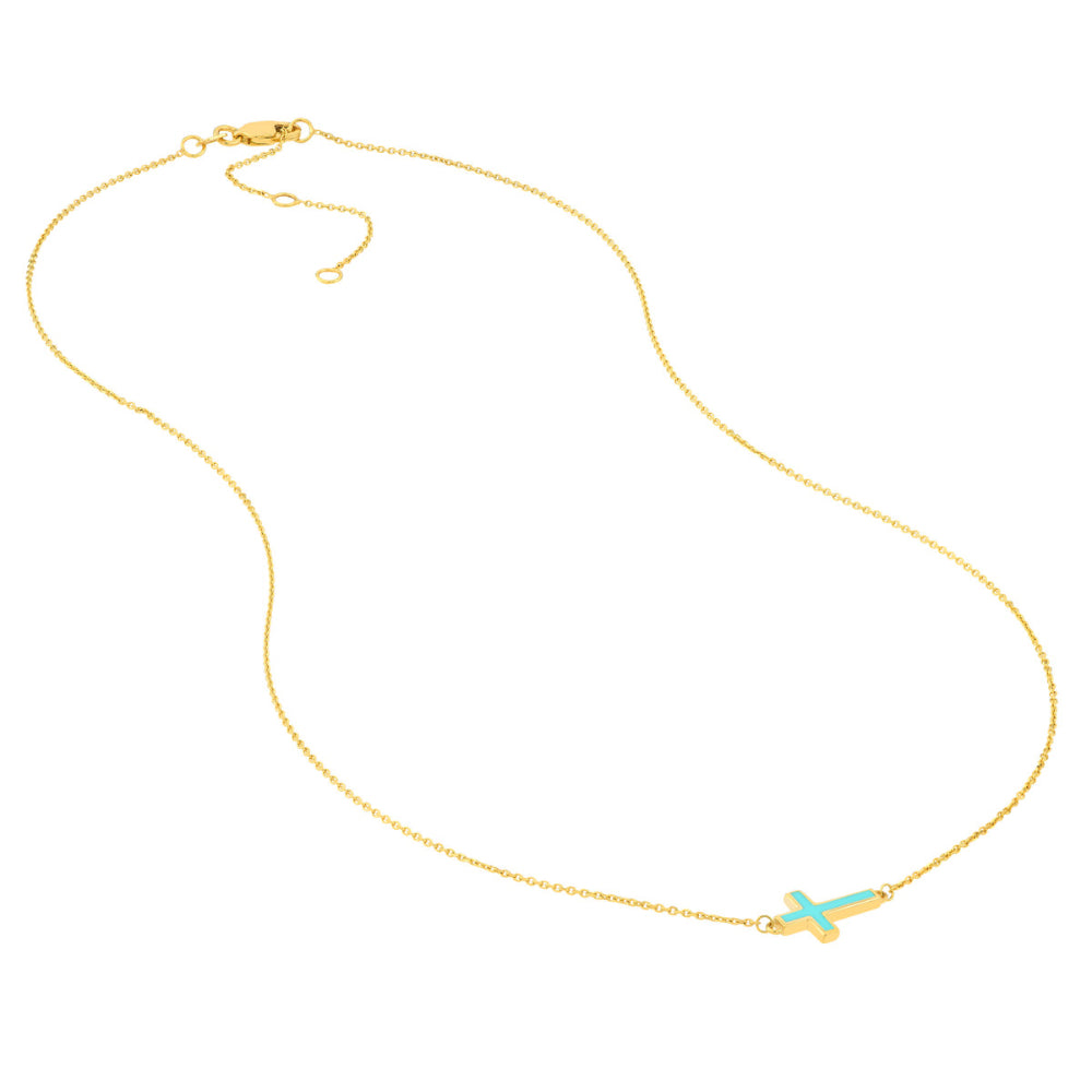 14k Yellow Gold Adjustable Sideways Enamel Cross Necklace
