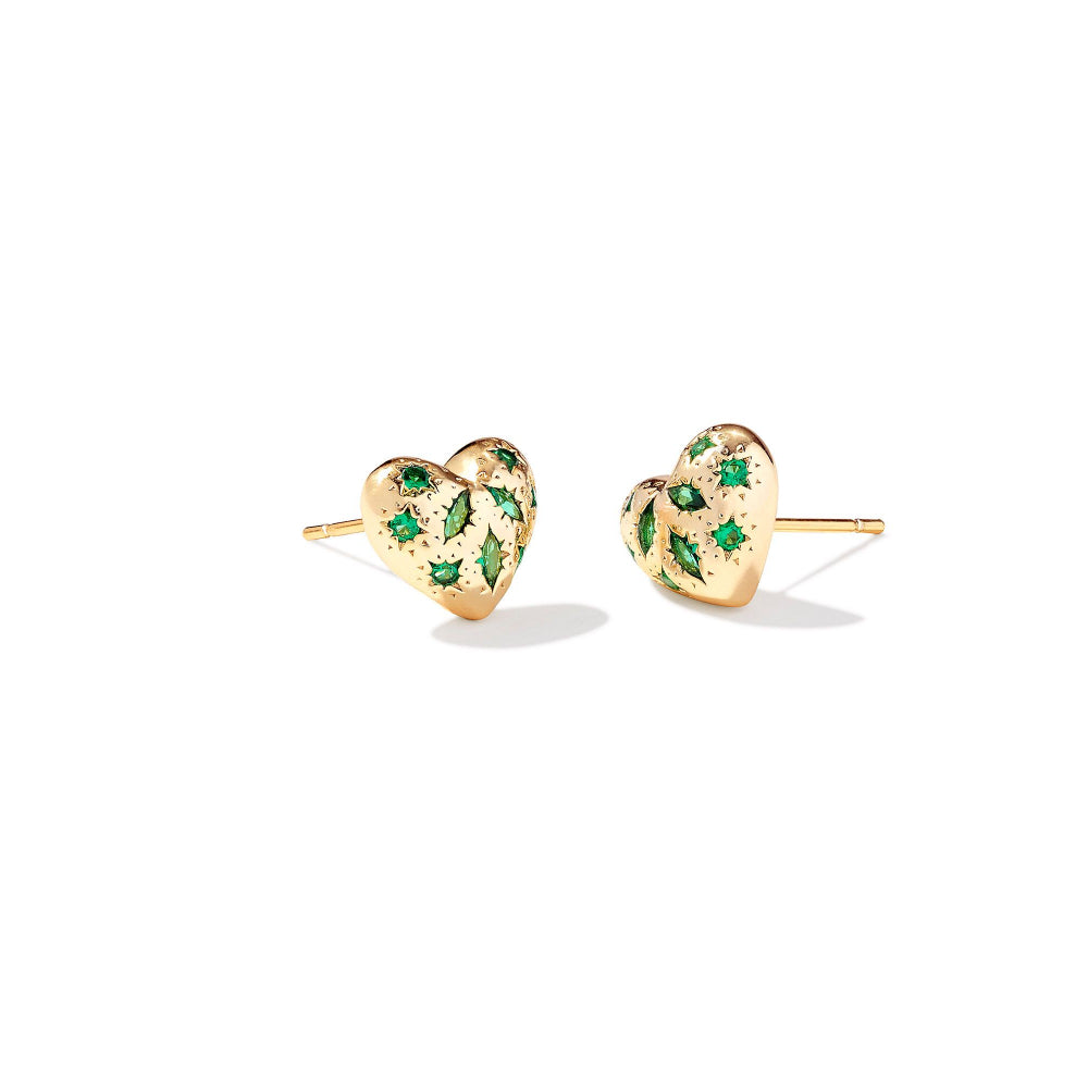 Kendra Scott Holland Heart Design Gold and Green Crystal Adorned Stud Earrings for Women