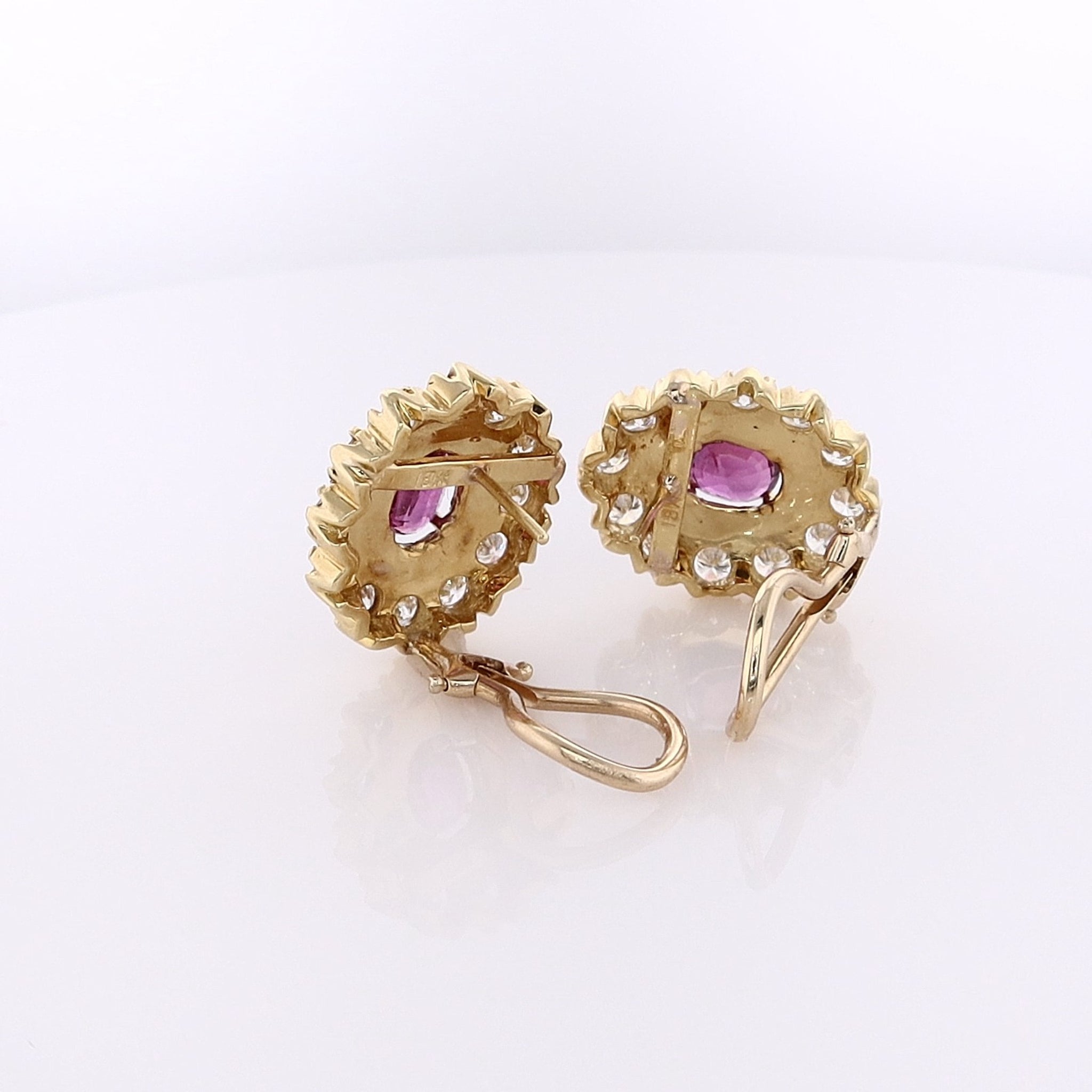 18K Yellow Gold Pink/Purple Sapphire and Diamond Starburst Omega Back Earrings