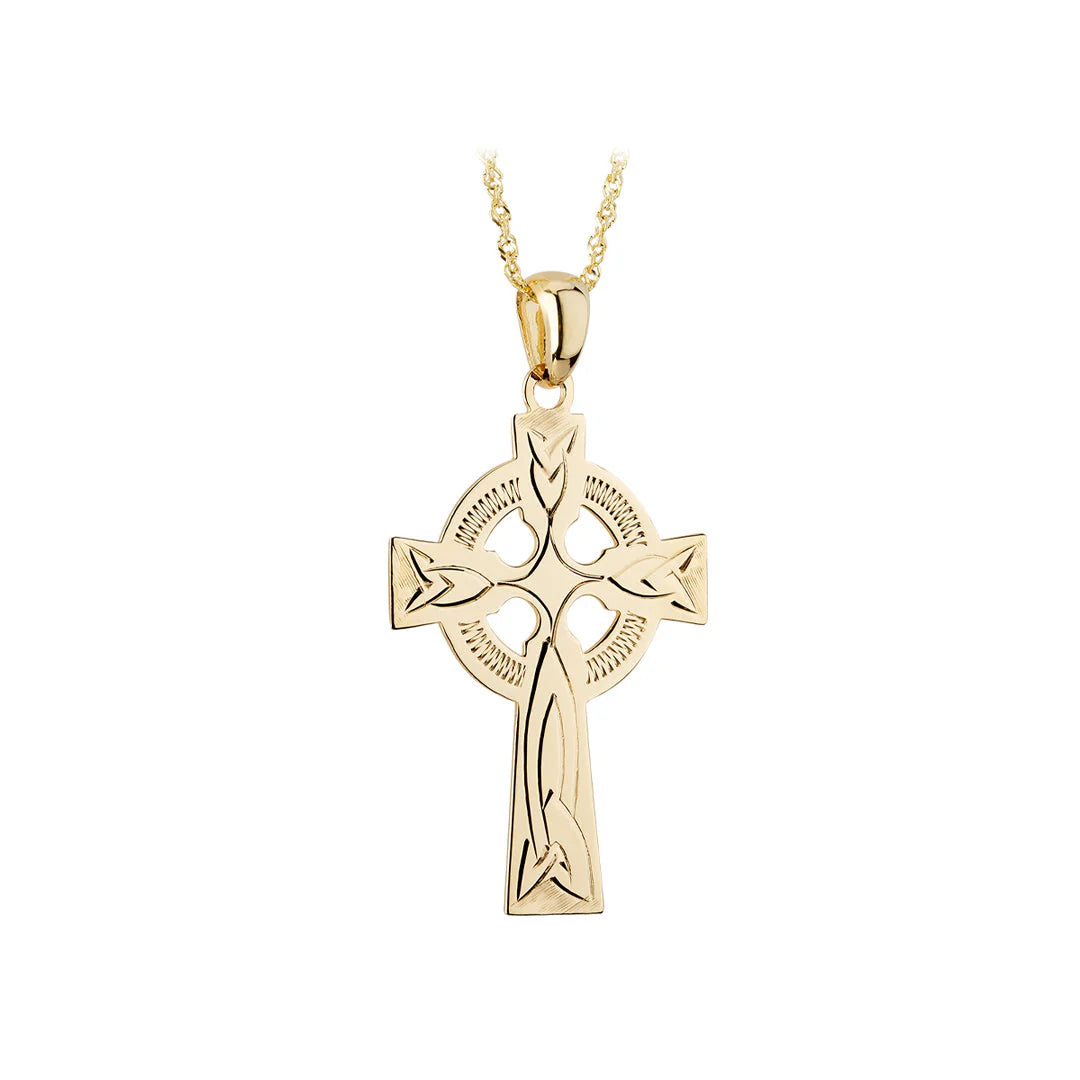 14k Hand - Engraved Yellow Gold Celtic Cross Pendant on 18 - inch Chain