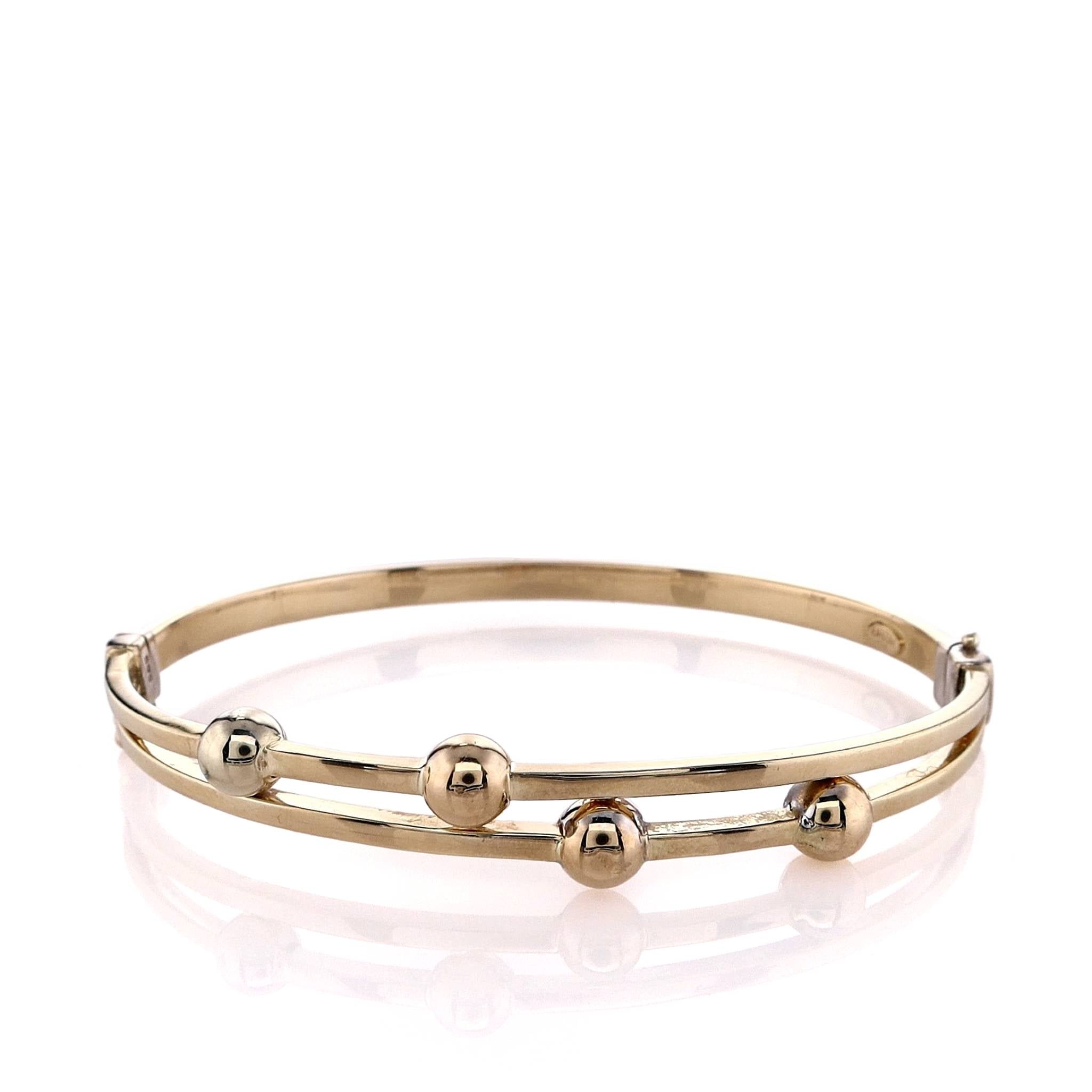 14k Yellow Gold Beaded Double Bar Design Hinged Bangle Bracelet