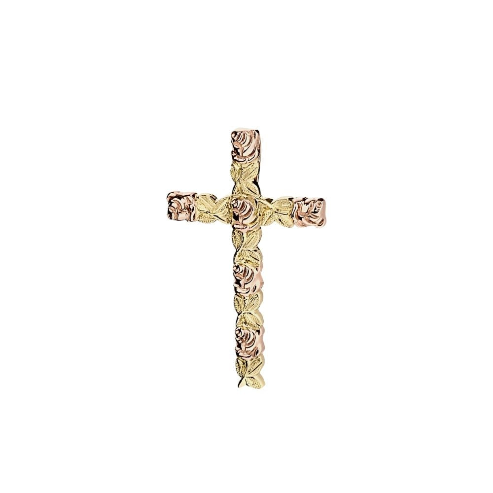 14k Two-Tone Handmade Carved Roses and Leaves Decorated Cross Pendant Necklace for Women