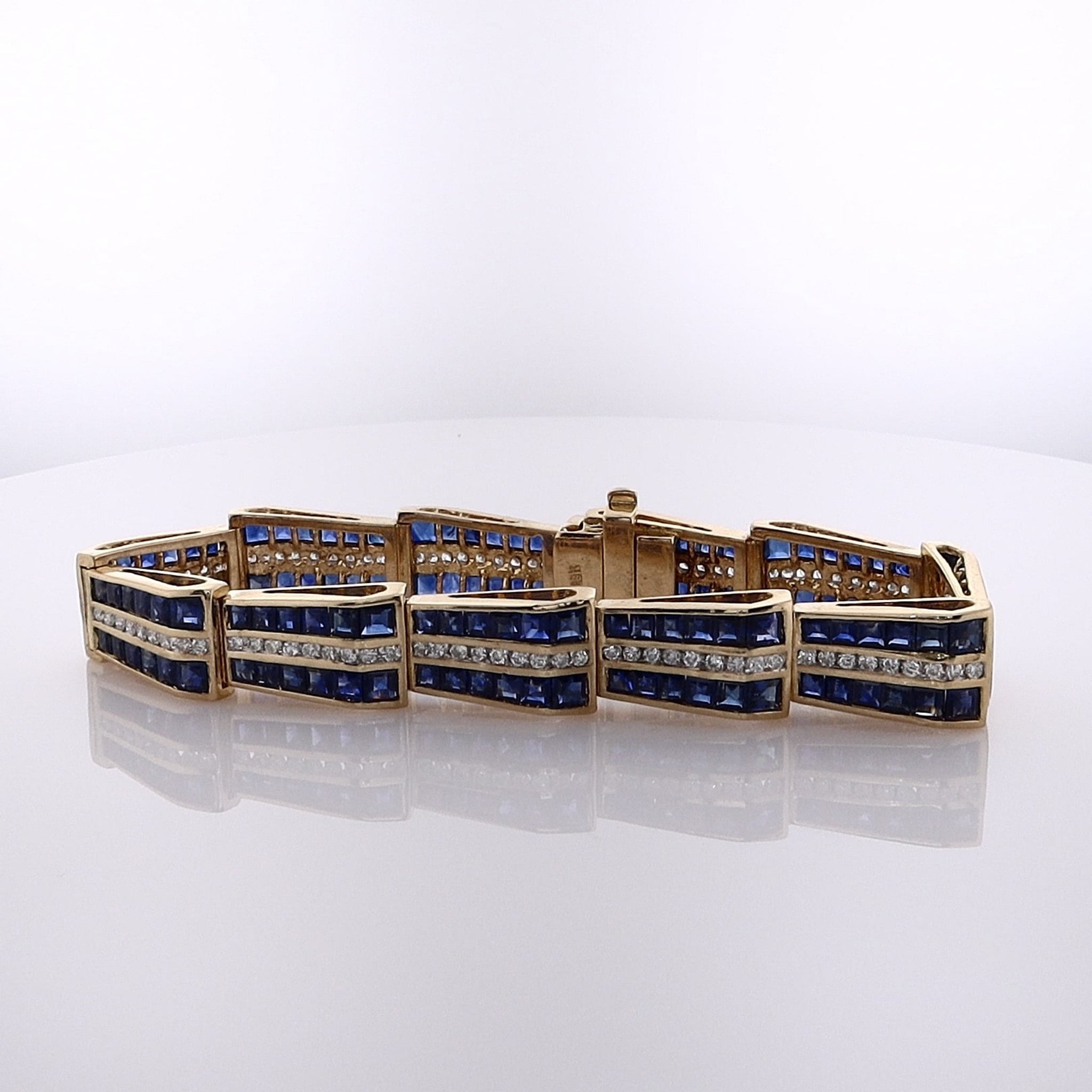18K Yellow Gold Tapered Link Bracelet with Sapphires and Diamonds