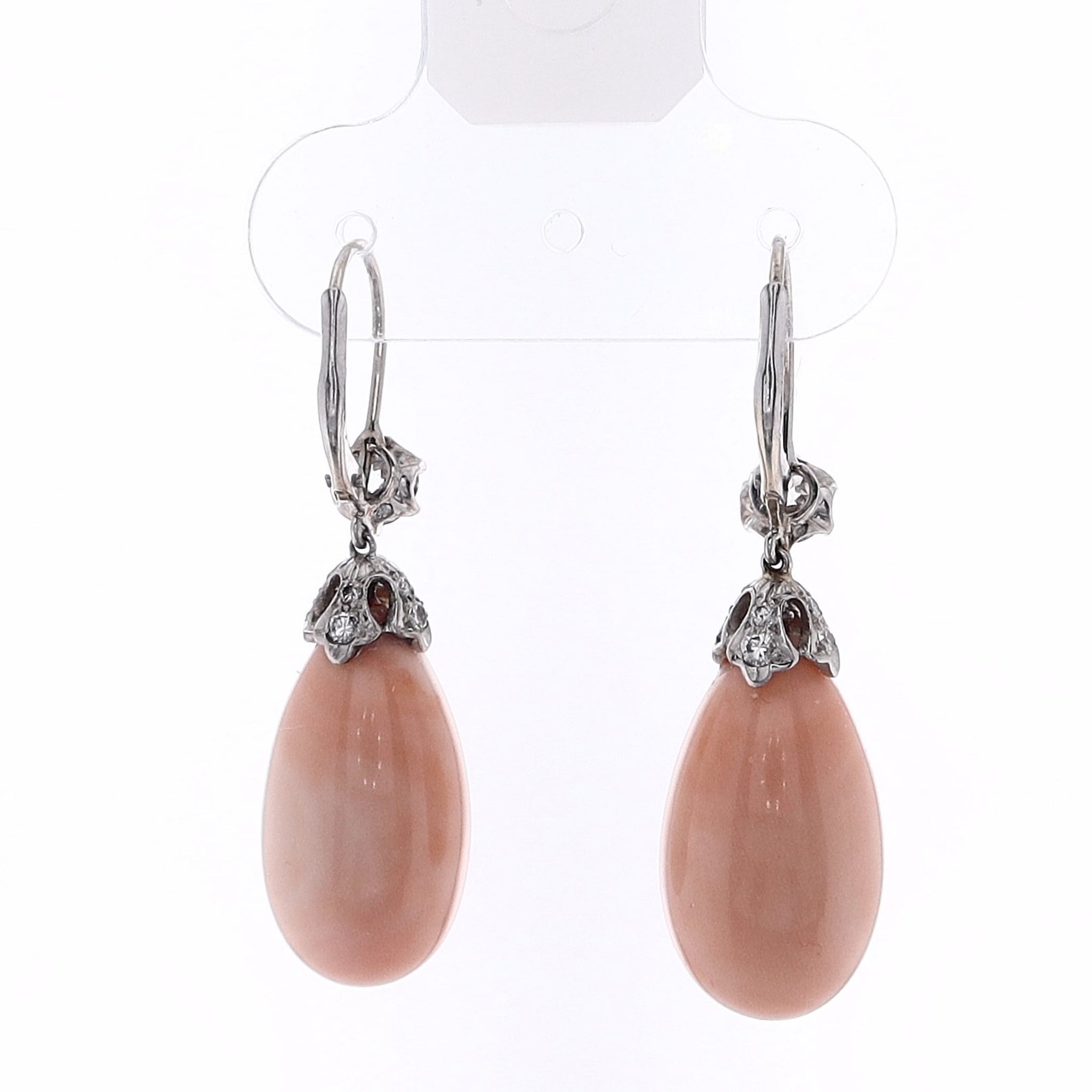 Exquisite Estate 18 Karat White Gold Coral and Diamond Dangle Drop Earrings for Women