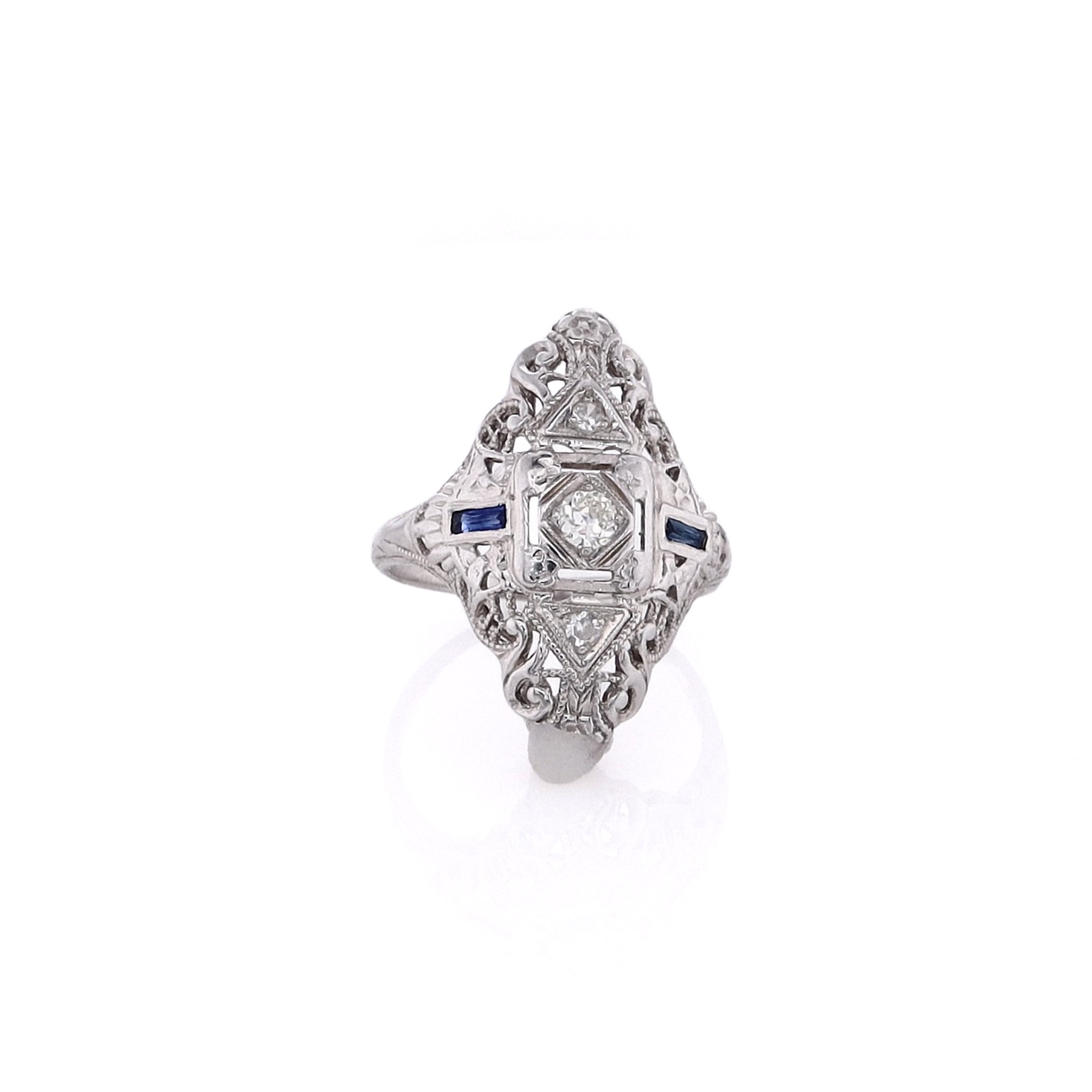Exquisite 18 Karat White Gold Sapphire and Diamond Navette Filigree Design Engagement Ring