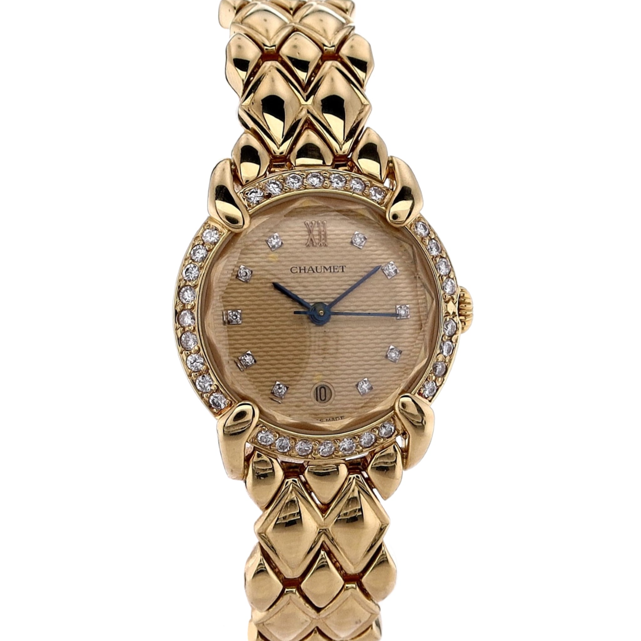 Estate Chaumet 18k Yellow Gold Ladies Watch with Champagne Guilloche Textured Dial