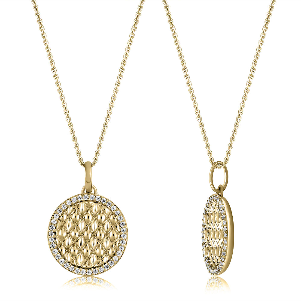 14k Gold Round Quilted Pendant with Diamond Border by A. Jaffe