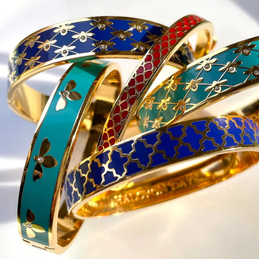 Halcyon Days 13mm Gold - Plated Enamel Hinged Bee Sparkle Trellis Design Jewelry Bangle