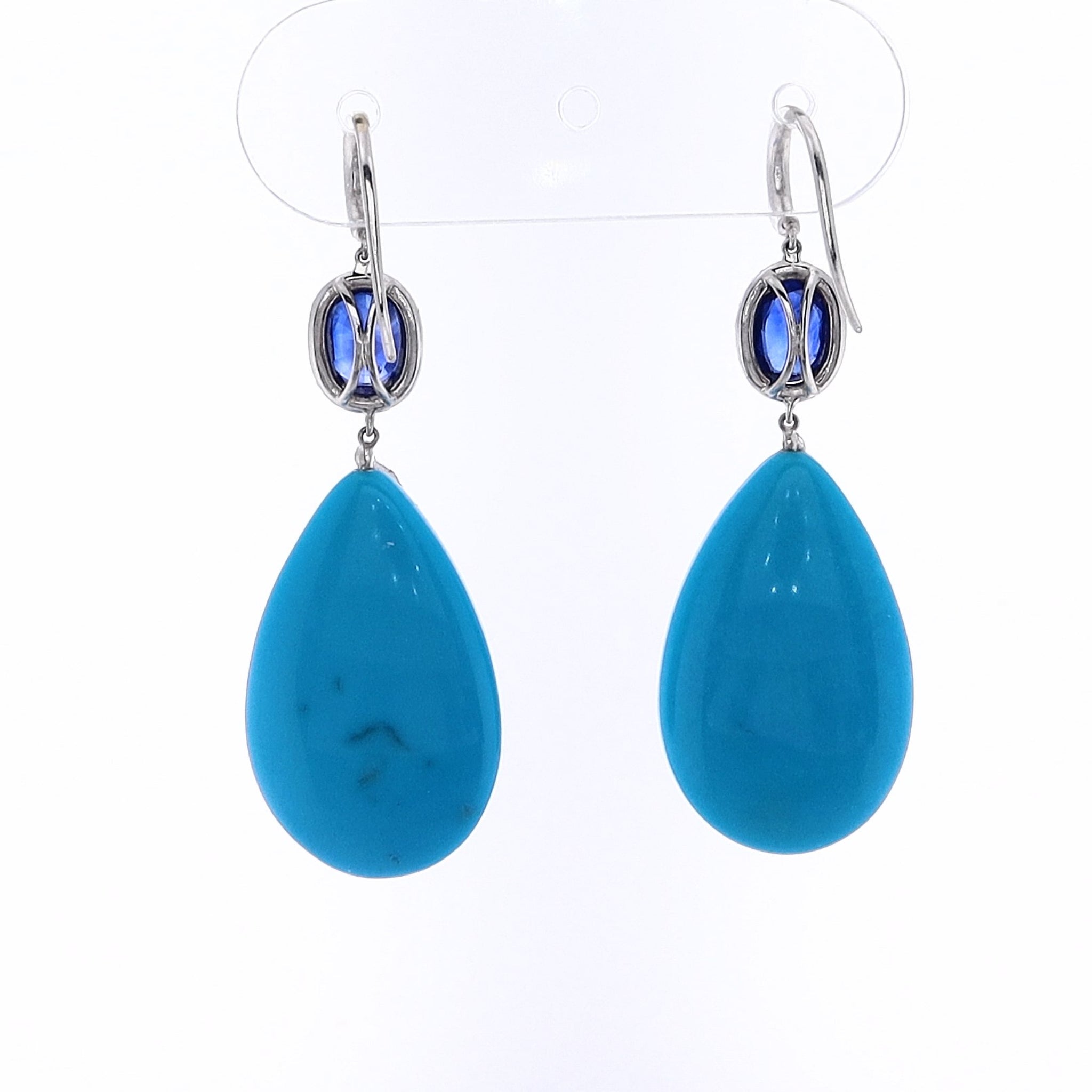 Platinum Estate Drop Earrings with Natural Turquoise, Sapphire and Diamonds