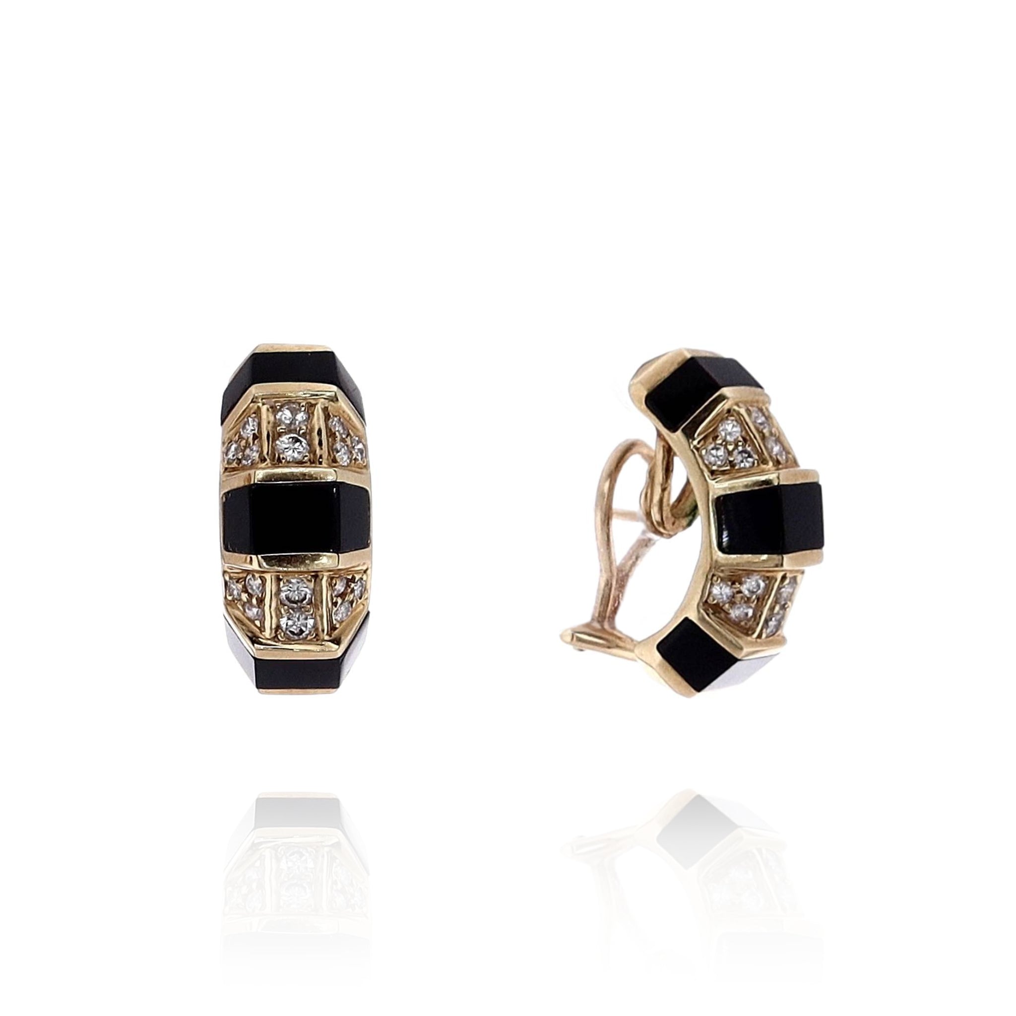 Exquisite 14k Yellow Gold Onyx and Diamond Triple - Sided Hoop Earrings