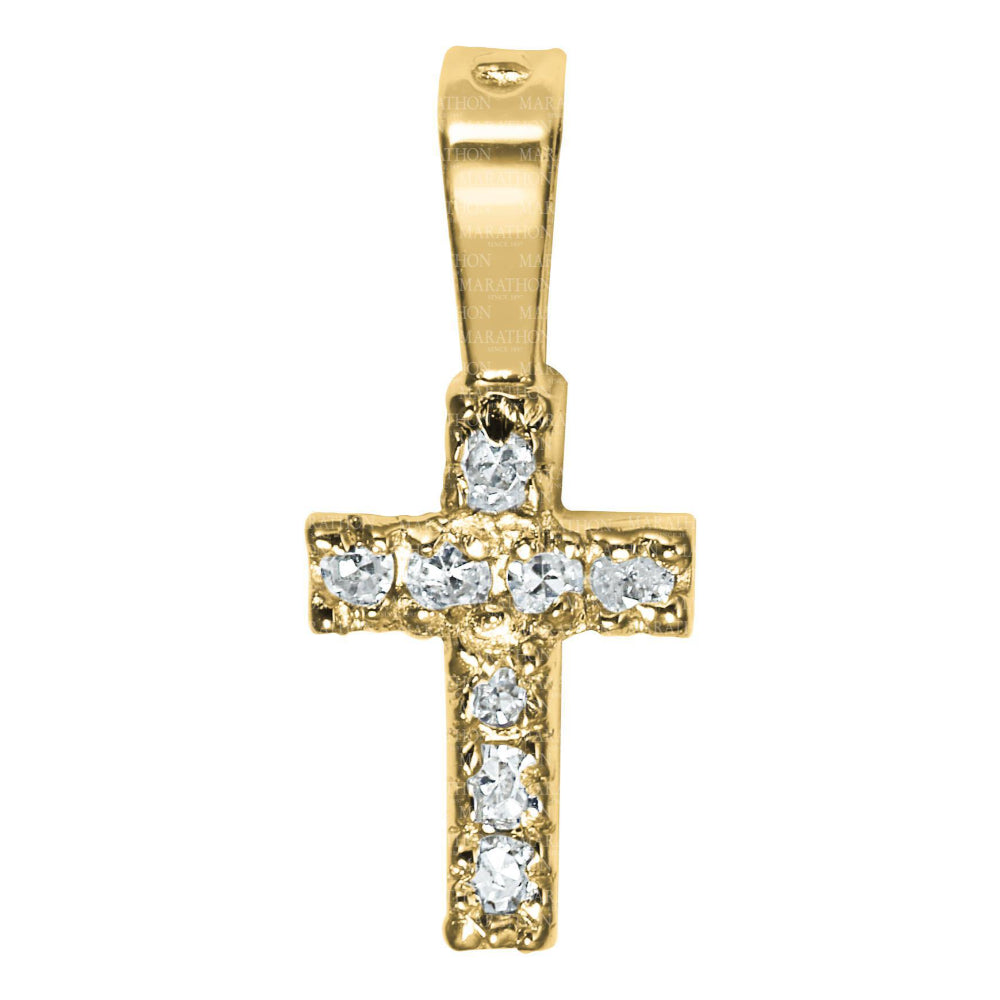 14k Gold Children's Diamond-Embedded Cross-Shaped Pendant Necklace with a 15-Inch Rope Chain