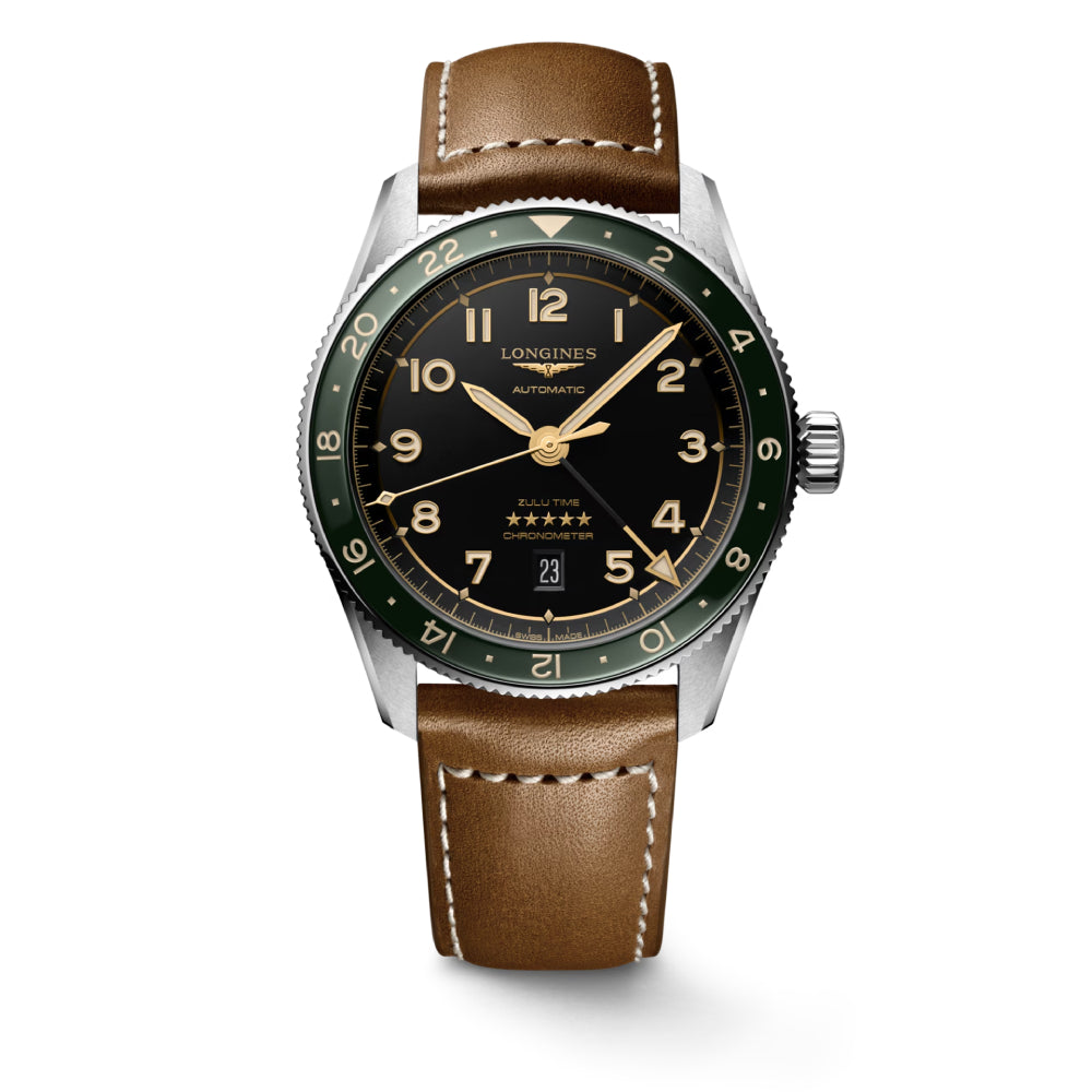 Longines Men's Automatic Leather - Strapped Spirit Zulu Time Watch with 42mm Case - Model L38124632