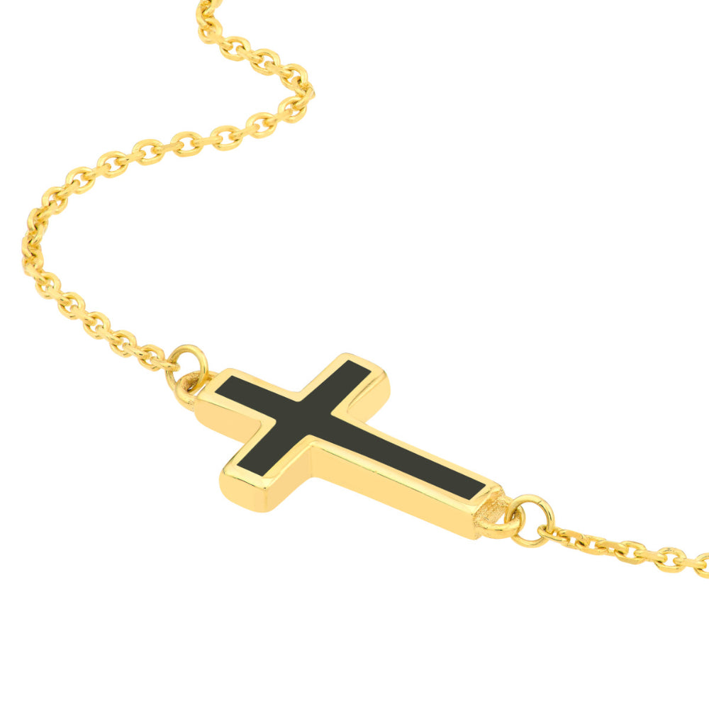 14k Yellow Gold Adjustable Sideways Enamel Cross Necklace