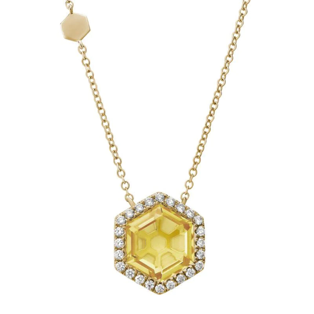 Exquisite 14k Gold Citrine Pendant Adorned with a Diamond Halo