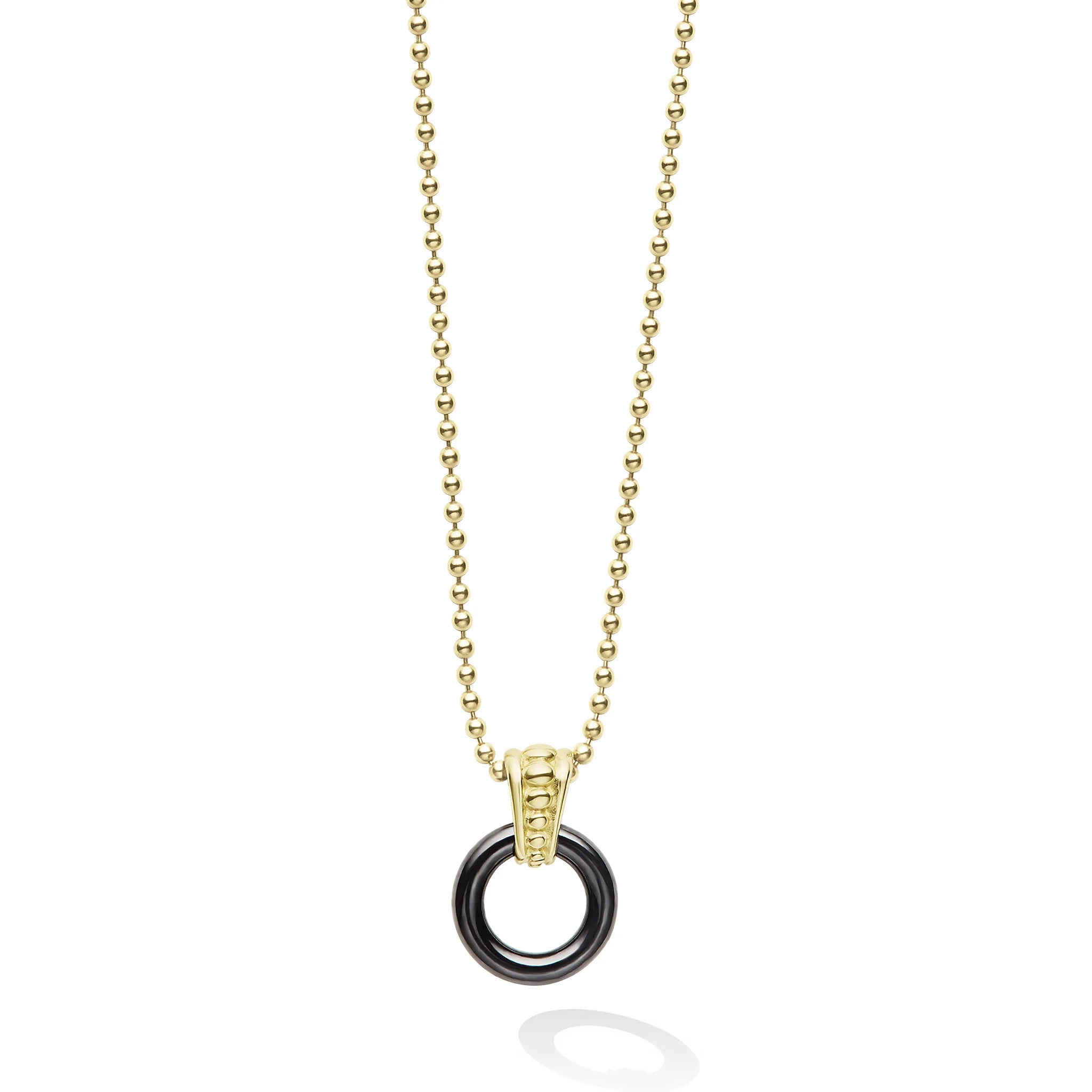 18k Gold Lagos Meridian Black Ceramic Circular Pendant Necklace