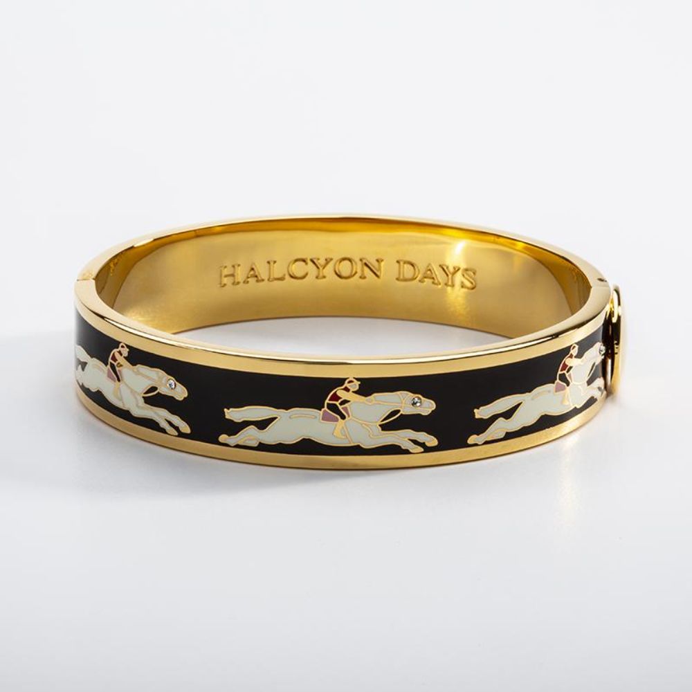 Halcyon Days 13mm Gold - Plated Hinged Enamel Bangle Featuring Race Horse Design, Ideal Jewelry for Equestrian Lovers