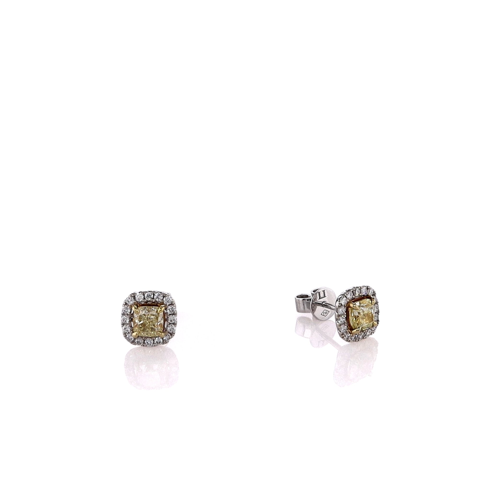 18k White and Yellow Gold Halo Square Stud Earrings with Yellow and White Diamonds