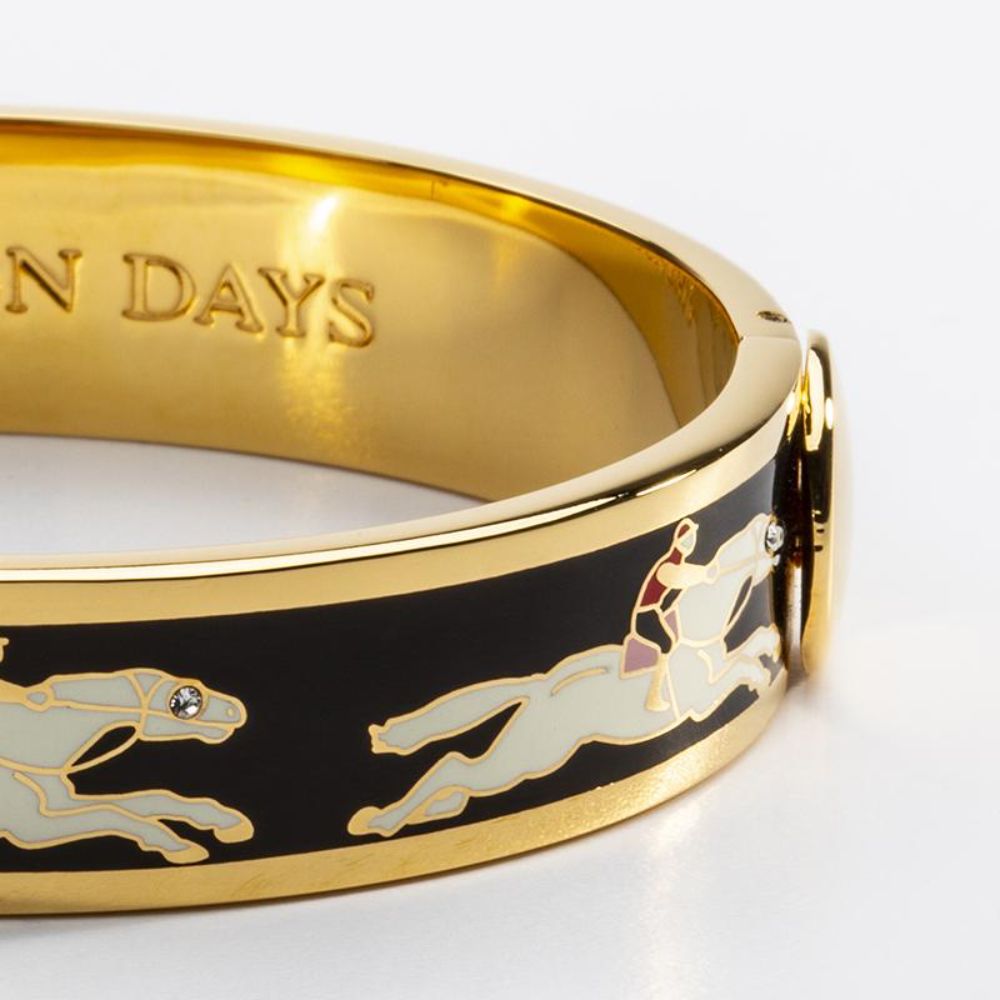 Halcyon Days 13mm Gold - Plated Hinged Enamel Bangle Featuring Race Horse Design, Ideal Jewelry for Equestrian Lovers