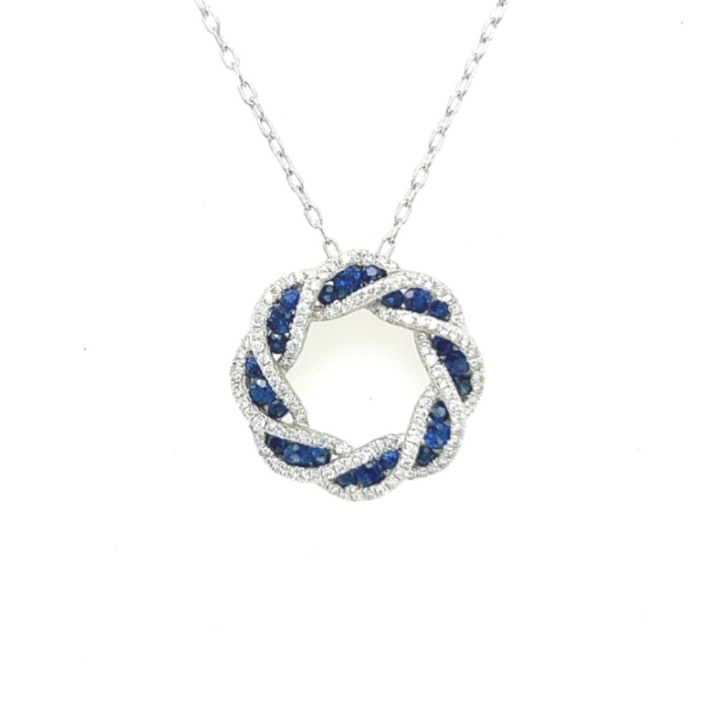 Exquisite 18k White Gold Sapphire and Diamond Twisted Pendant Necklace