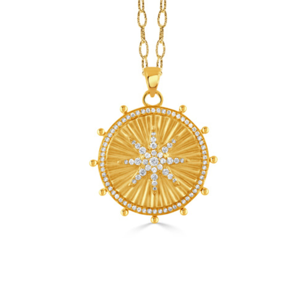18k Yellow Gold Celestial Diamond Round Disc Starburst Pendant