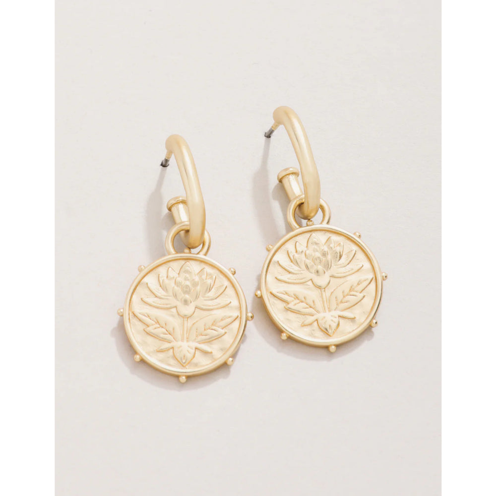 18kt Matte Gold Plated Spartina Lotus Drop Hoop Earrings with Dual Styles
