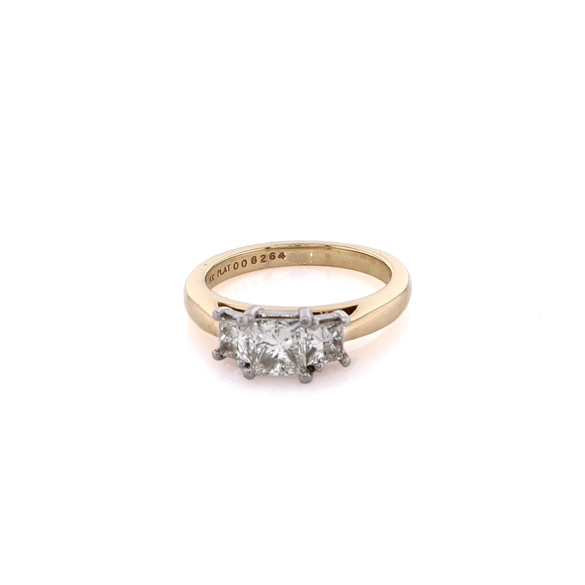Exquisite Estate Martin Flyer 18 Karat Yellow Gold and Platinum Three - Across Diamond Engagement Ring for Lovers