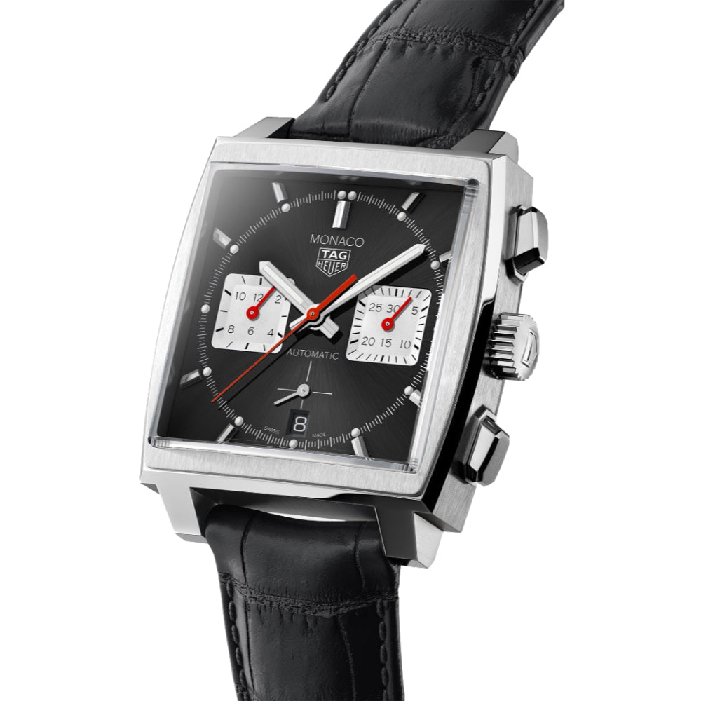 Luxury Tag Heuer Monaco Chronograph Wristwatch with Black Dial and Black Alligator Leather Strap