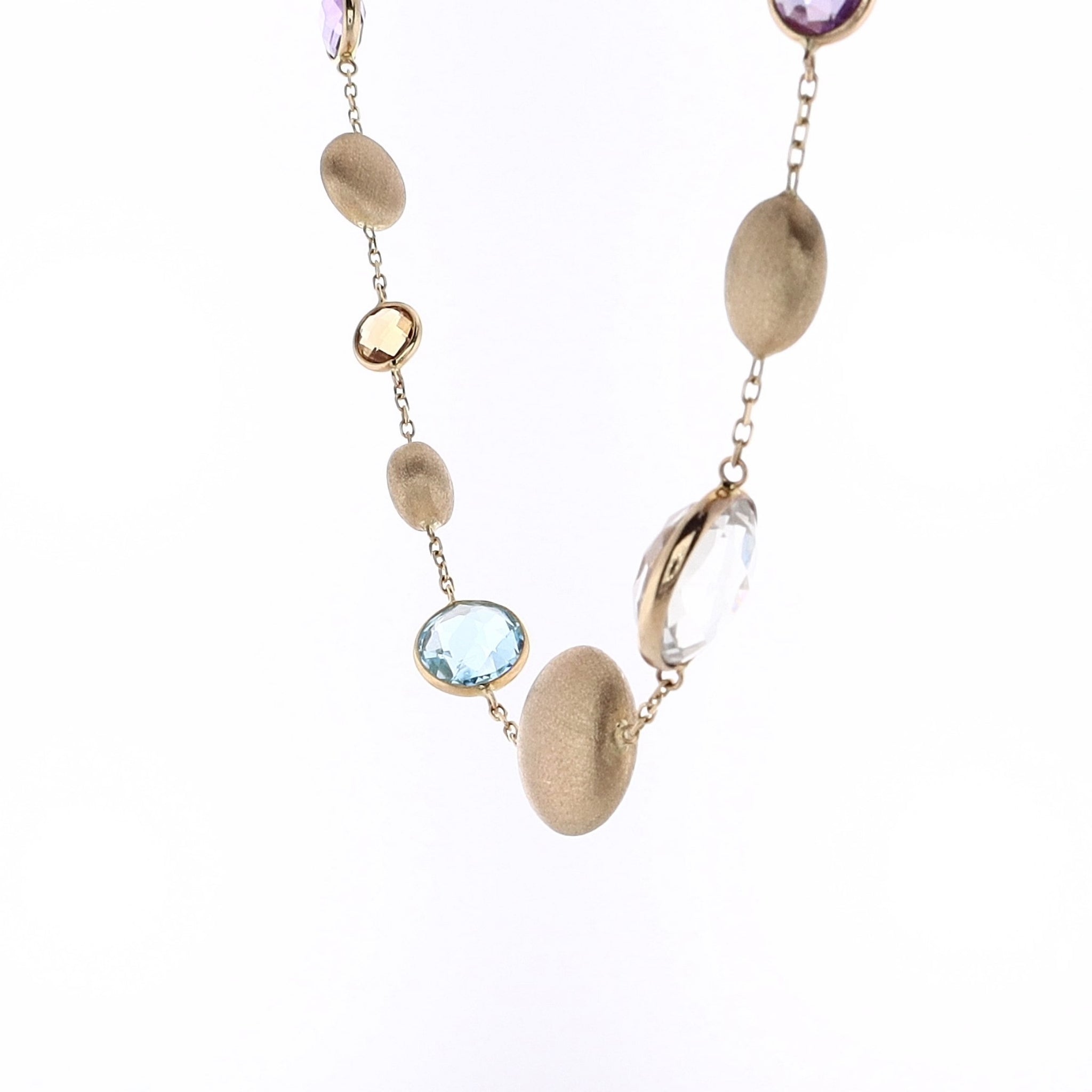14 Karat Yellow Gold Necklace with Alternating Multi - colored Stones and Gold Station Beads