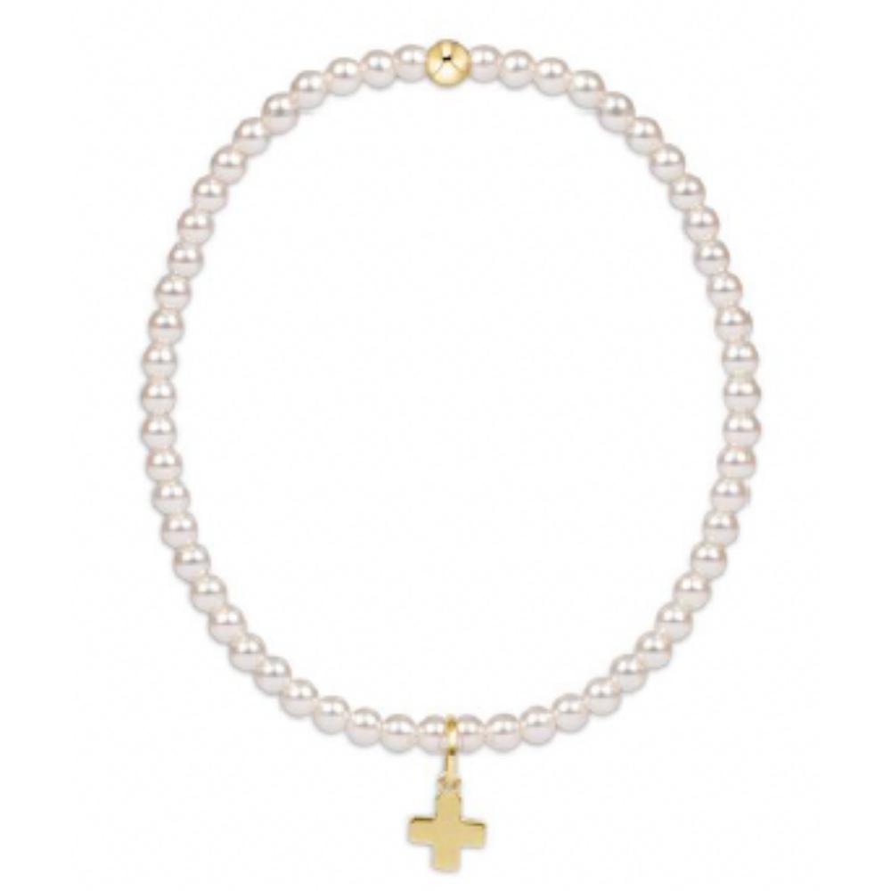 eNewton 5.5mm Classic Pearl Bead Bracelet for e-Girls with Signature Gold Cross Charm