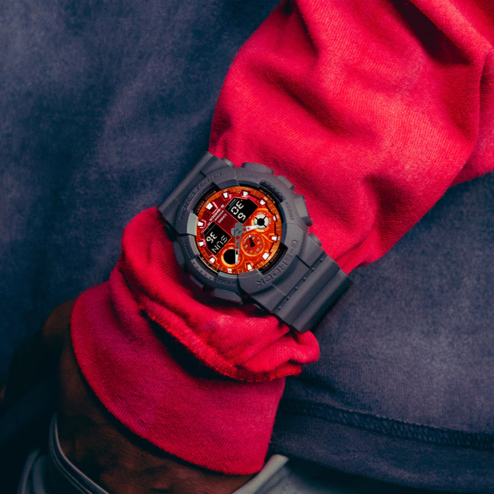 G-Shock GA-100 Series Analog-Digital Watch, Gray with Vibrant Orange Dial