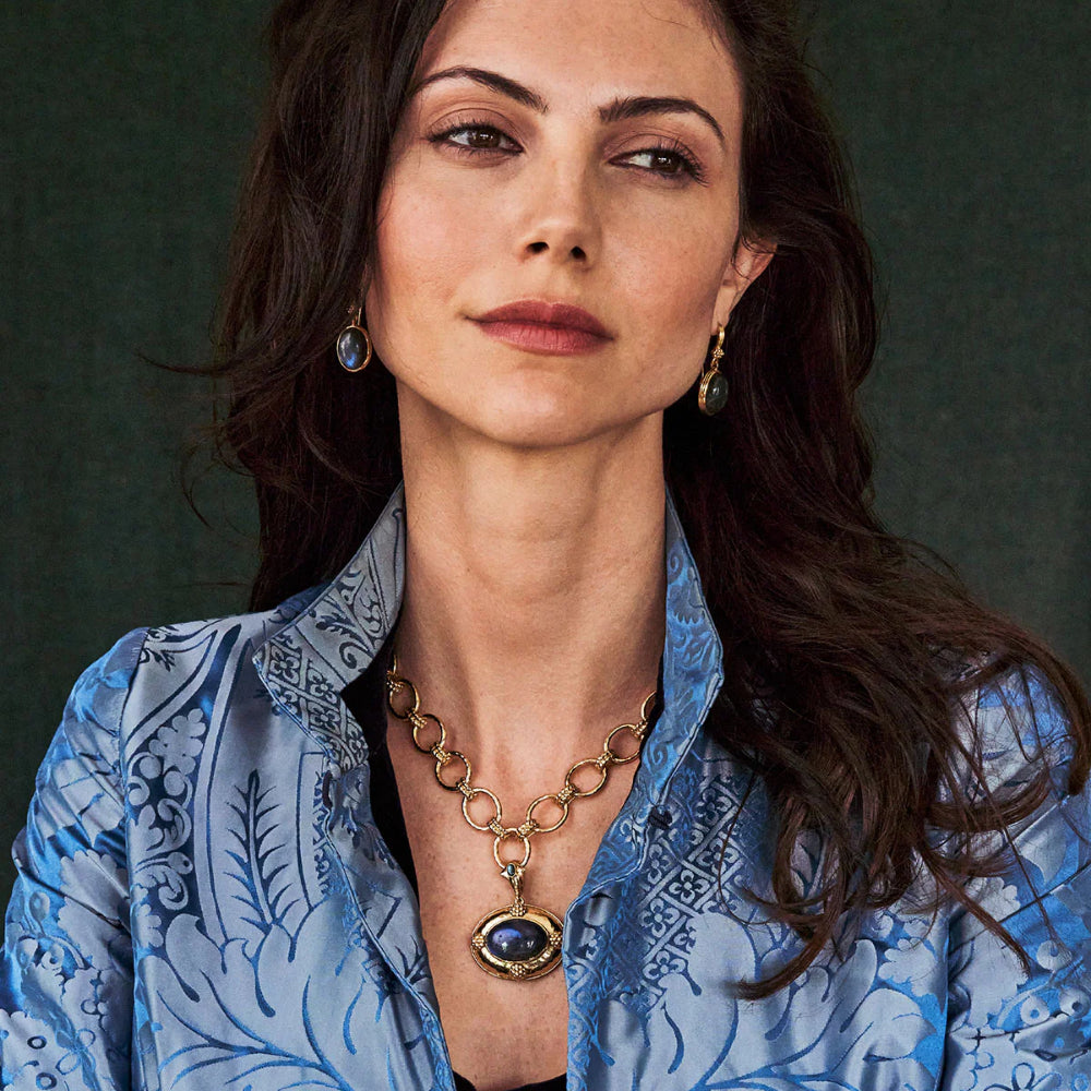 Exquisite Capucine De Wulf Blue Labradorite Cleopatra-style Oval Drop Earrings for Fashion Lovers