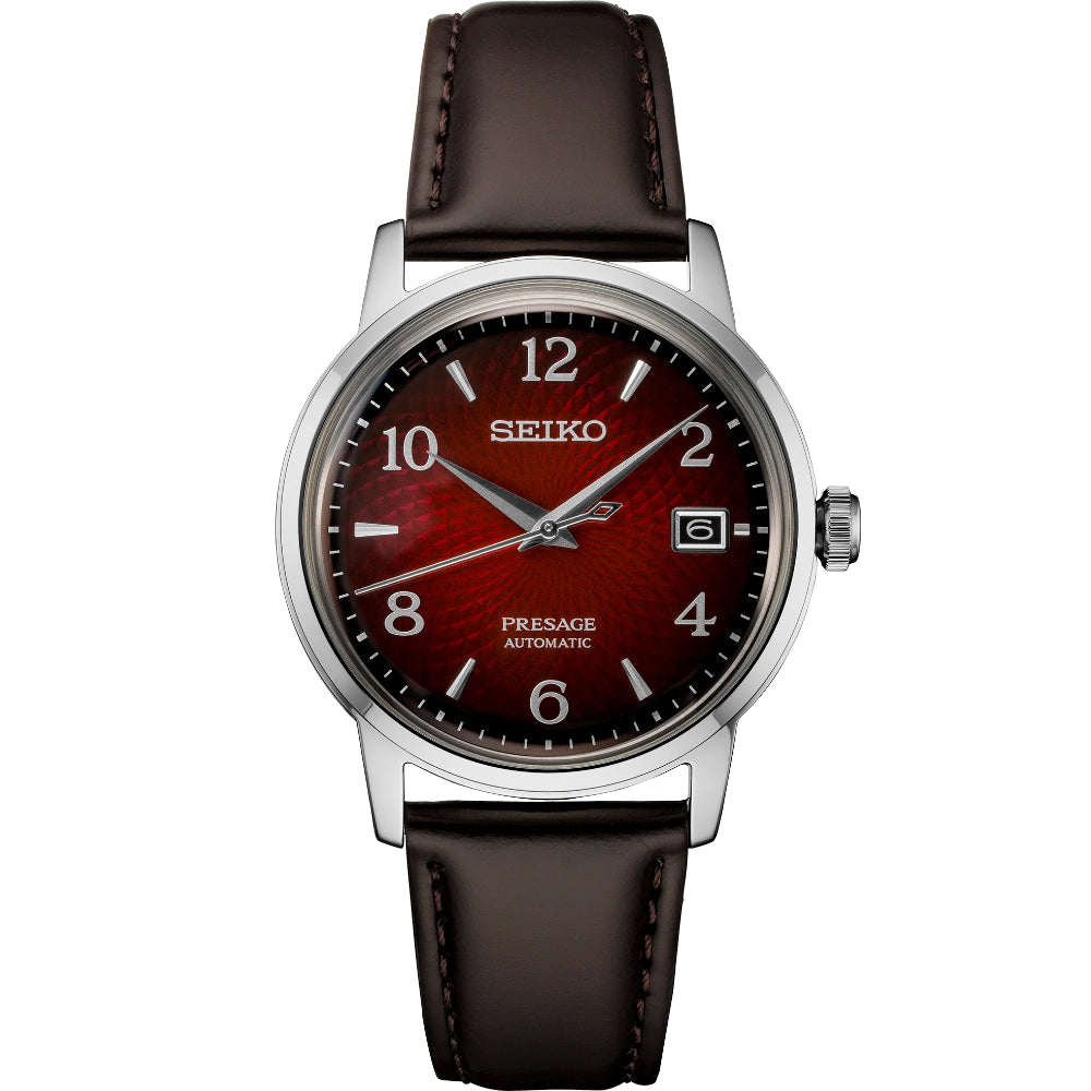 Seiko Presage Cocktail Time Automatic Watch with Gradated Red Dial and Brown Leather Strap